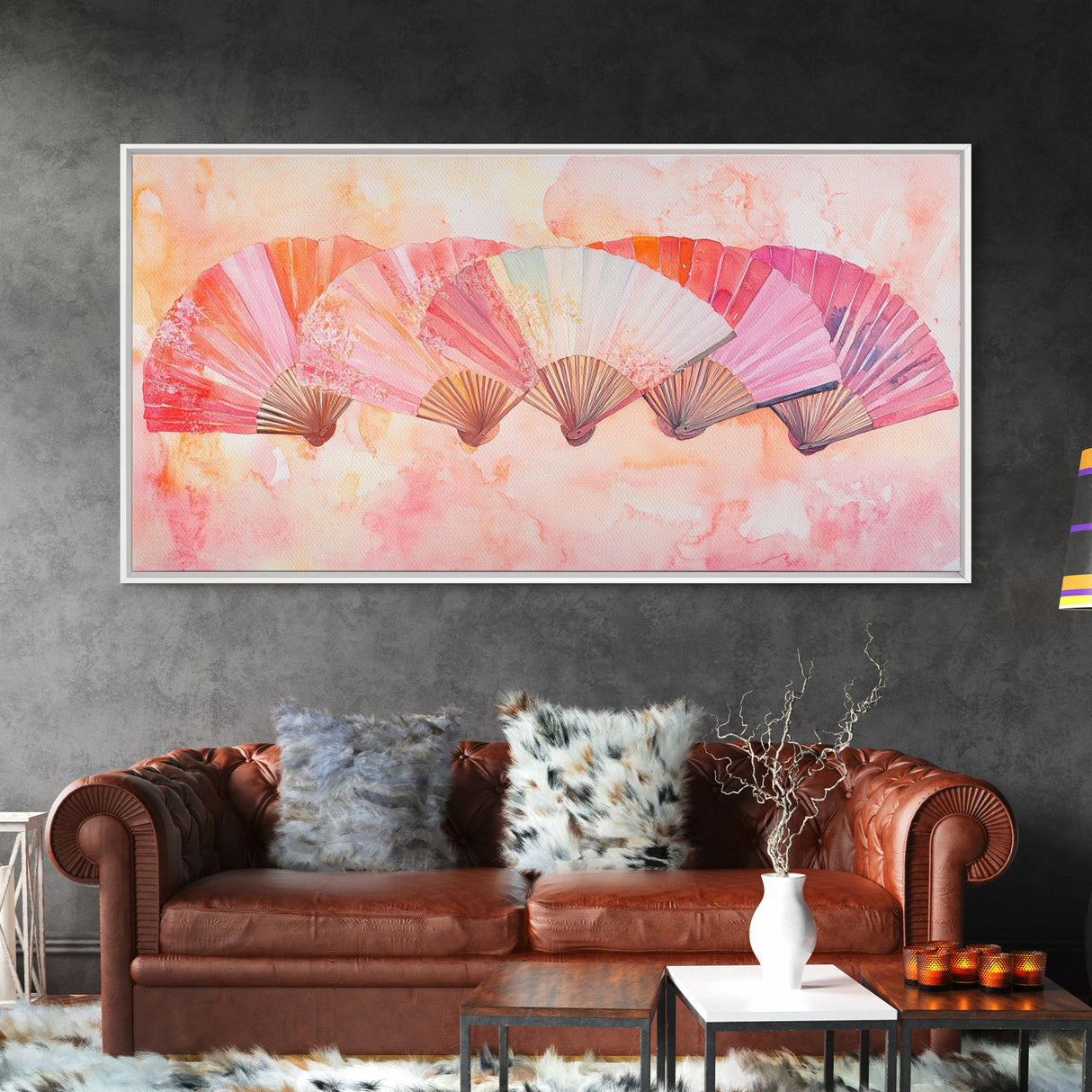 Fan Arrangement Canvas Print | Moroccan Wall Art, Chinoiserie Wall Art, Wabi Sabi Art, Light Pink Decor, Extra Wide Wall Art, Above Sofa Art