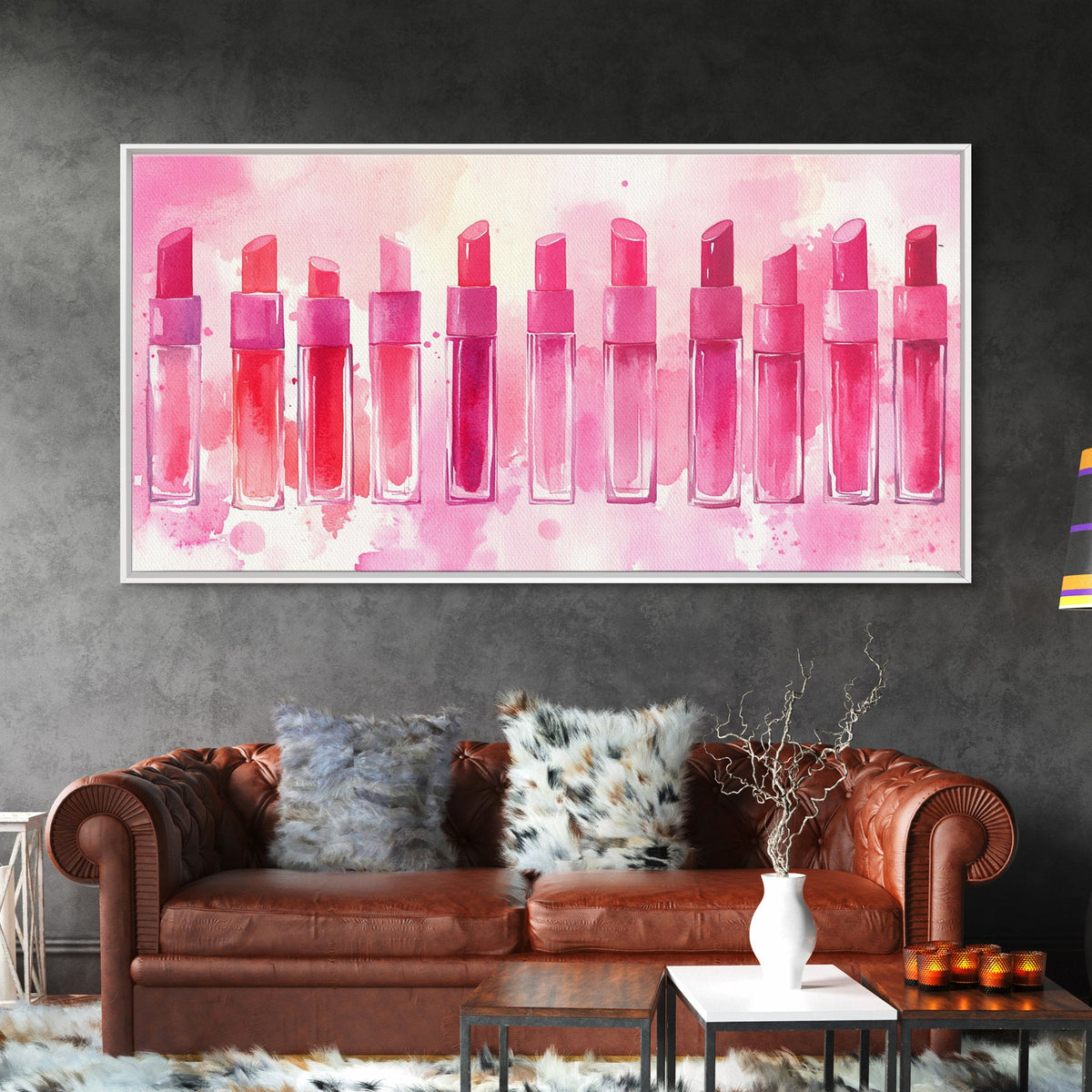 Elegant Lipsticks Display Painting as Pink Abstract Wall Art on Canvas Print, Makeup Collector Vanity or Bedroom Accent Decor