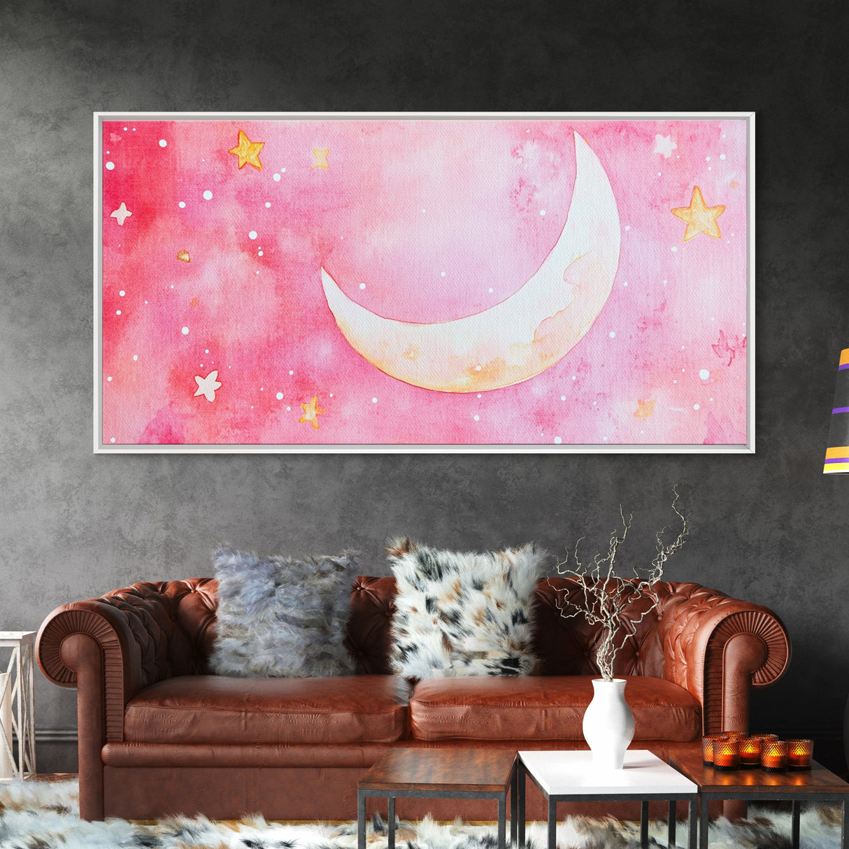 Crescent Moon and Stars Design in Pink Wall Art Style on Framed Canvas Print, Nursery or Bedroom Light Pink Whimsical Art