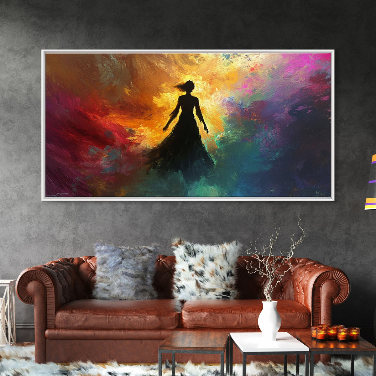 Woman Silhouette Sunset Canvas Print, Goddess Art Print, Romance Painting, Moody Woman Art, Bedroom Art, Fall Art, Vertical Wall Art