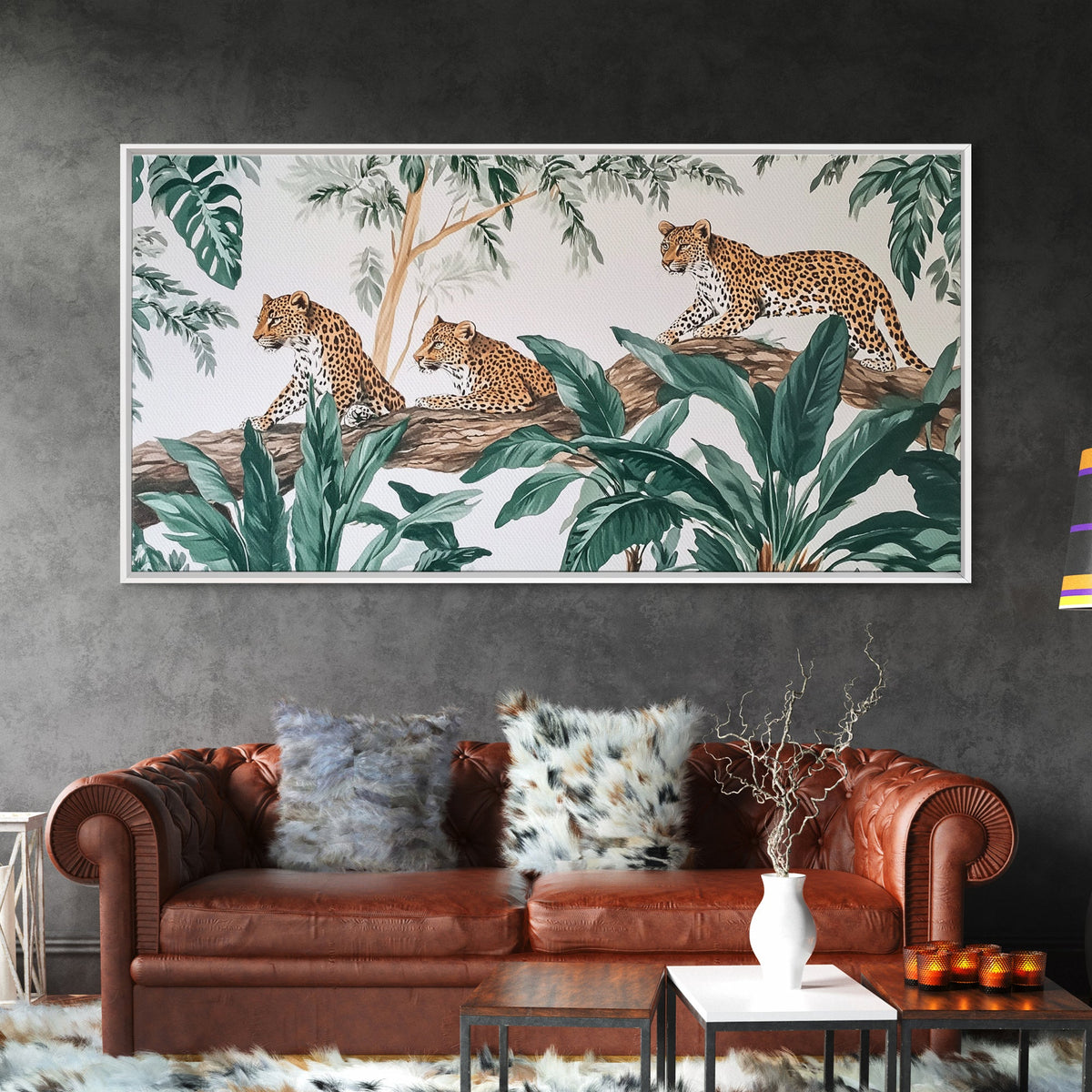 Tropical Leopard Trio Canvas Print Rustic Wall Art Botanical Jungle Decor Leopard Wall Art Above Sofa Art Gift Idea