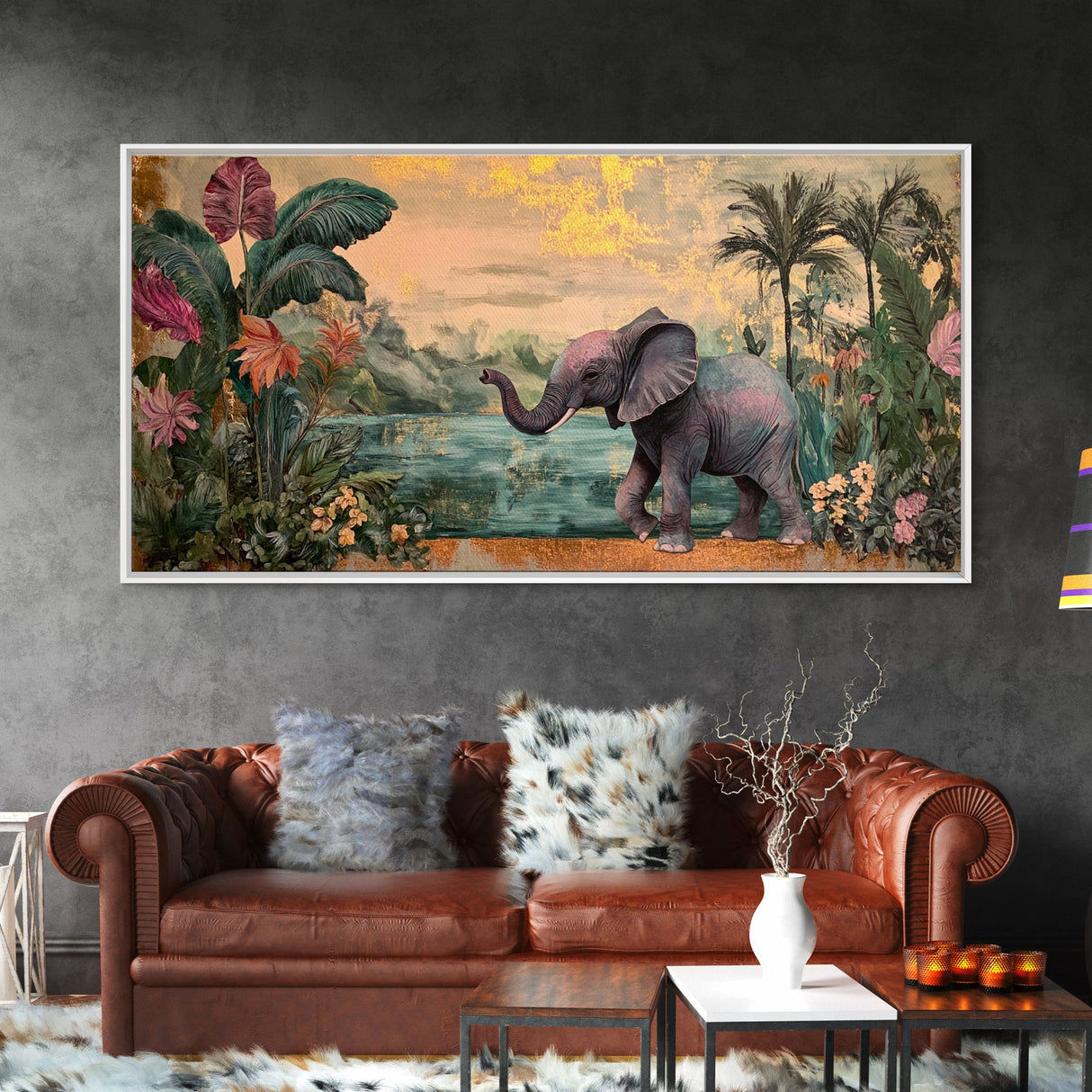 Exotic Jungle Elephant Canvas Print Rustic Botanical Decor Moody Art Wildlife Art Living Room Wall Art Gift Idea