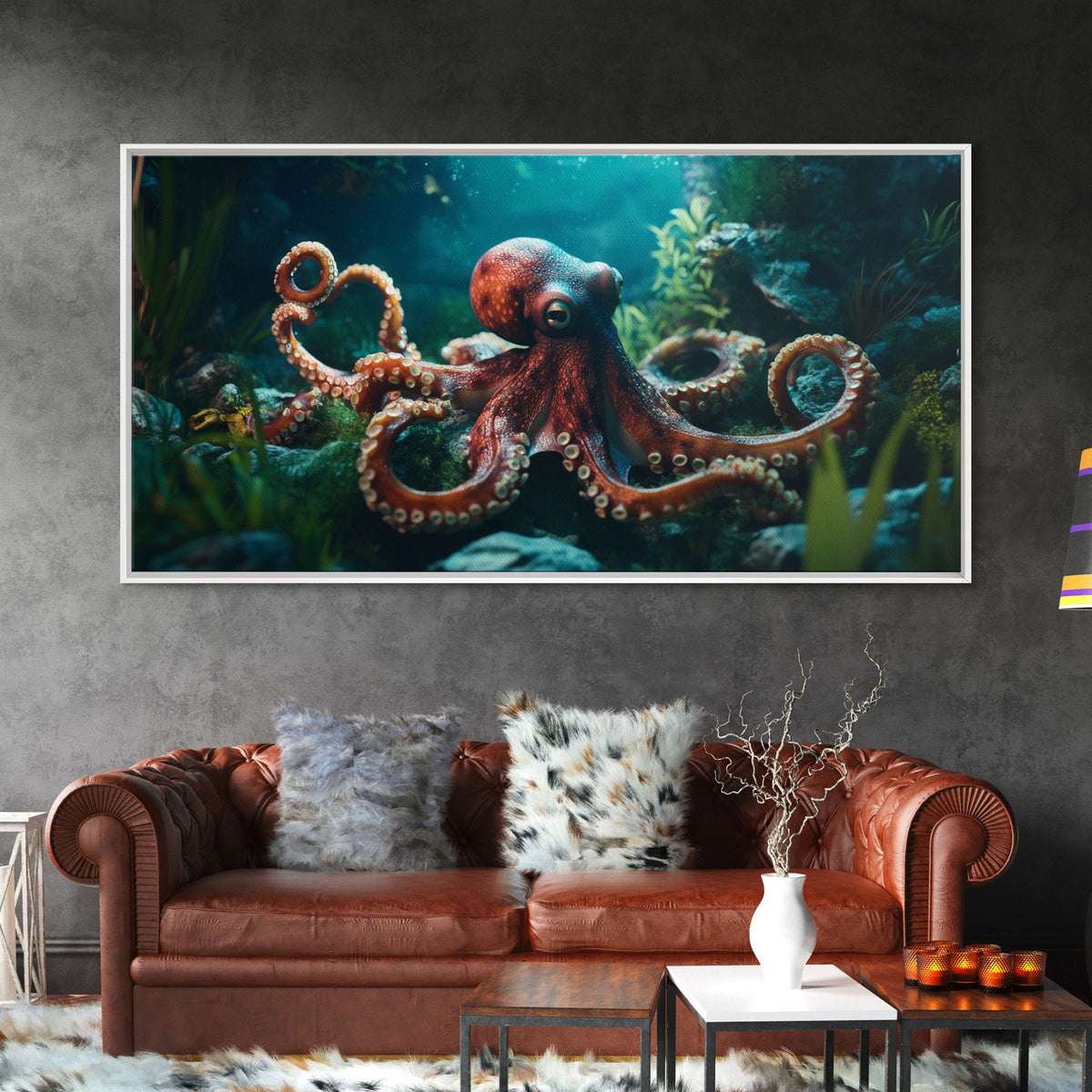 Majestic Octopus Framed Canvas Print, Coastal Decor Wall Art, Marine Wildlife Painting, Ocean Life Nautical Theme, Rustic Home Art