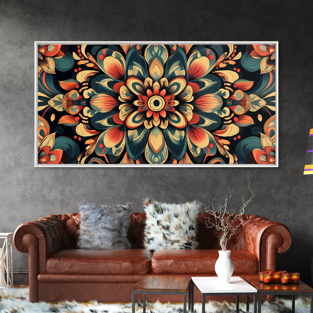 Kaleidoscopic Mandala Design Framed Canvas Print, Boho Wall Art, Sacred Geometry Painting, Colorful Ethereal Decor, Spiritual Zen Art