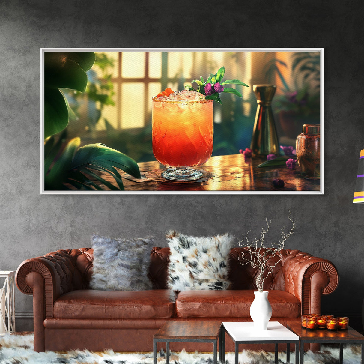 Tropical Sunset Cocktail Canvas Print, Vibrant Kitchen Wall Art, Foodie Home Decor, Botanical Drink Painting, Dining Room Cocktail Art