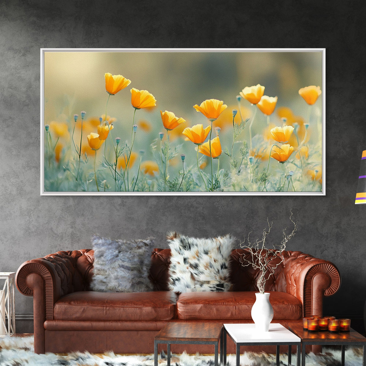 Golden Poppy Floral Canvas Print California Wildflower Art Botanical Wall Decor Rustic Style Extra Wide Horizontal Landscape Art