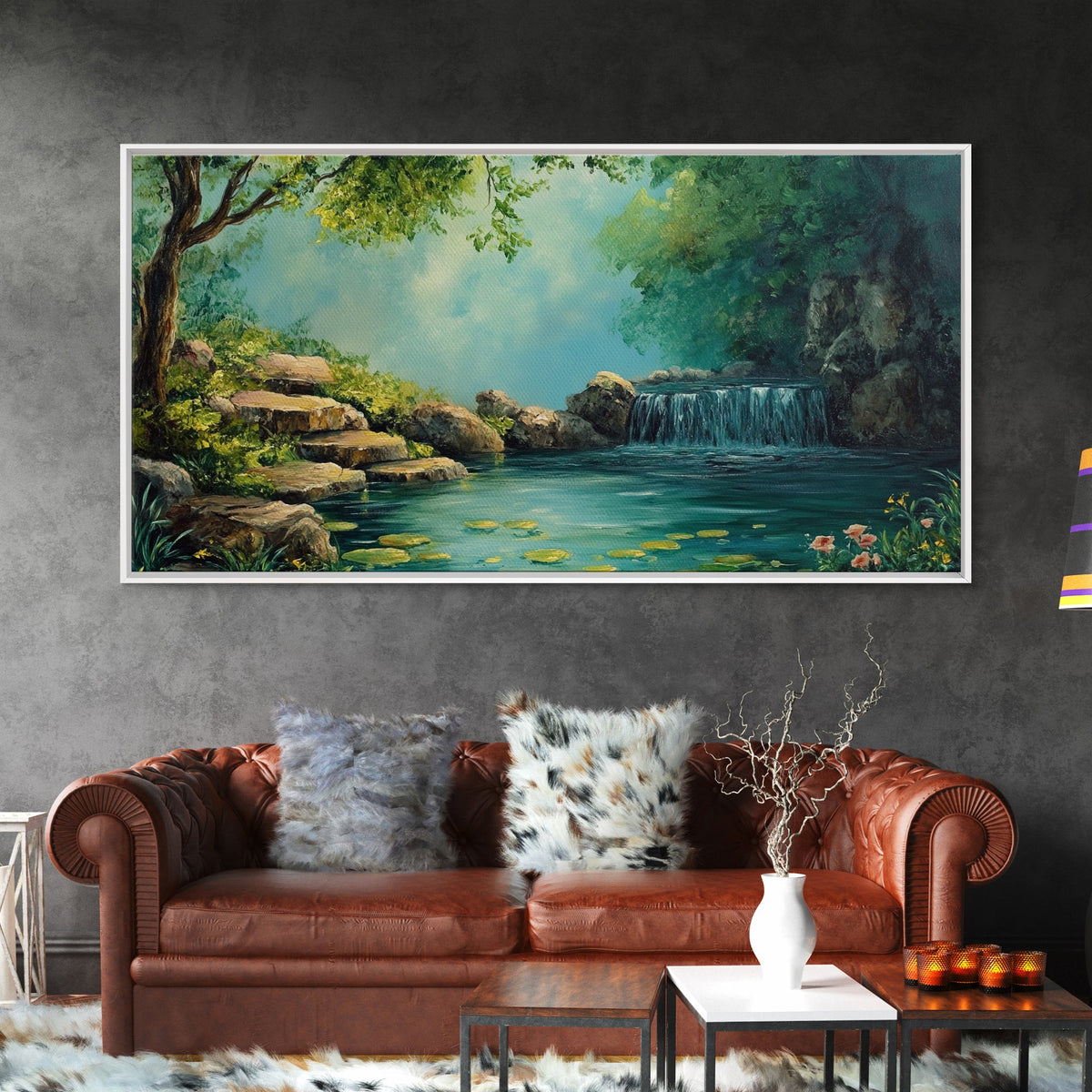 Serene Waterfall Landscape Framed Canvas Print Above Sofa Rustic Decor Living Room Art Peaceful Nature Scene Artwork Farmhouse Wall Art