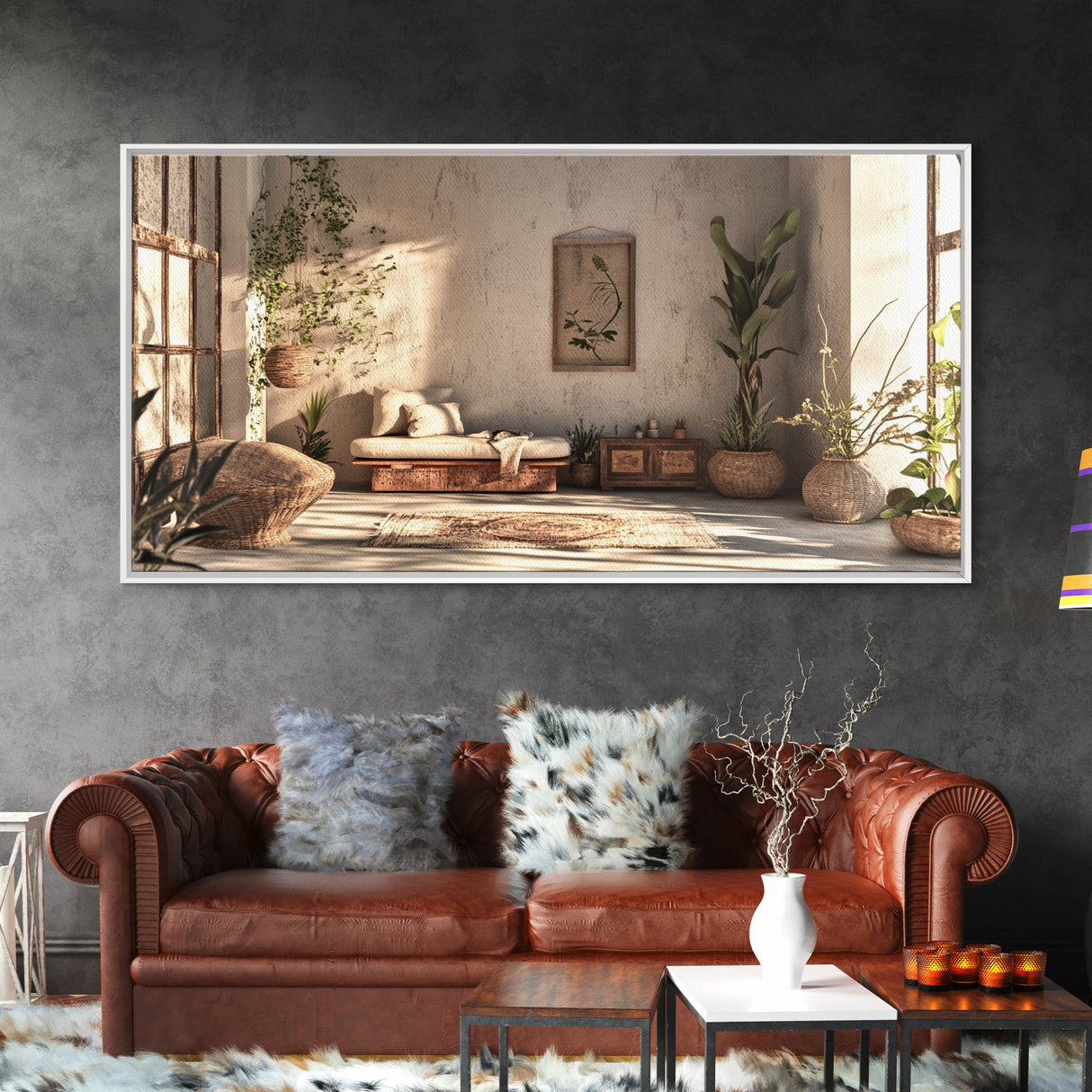 Serene Boho Nook Canvas Print, Minimalist Wabi Sabi Wall Art Vertical Decor, Rustic Botanical Artwork Guest Room Inspiration Idea