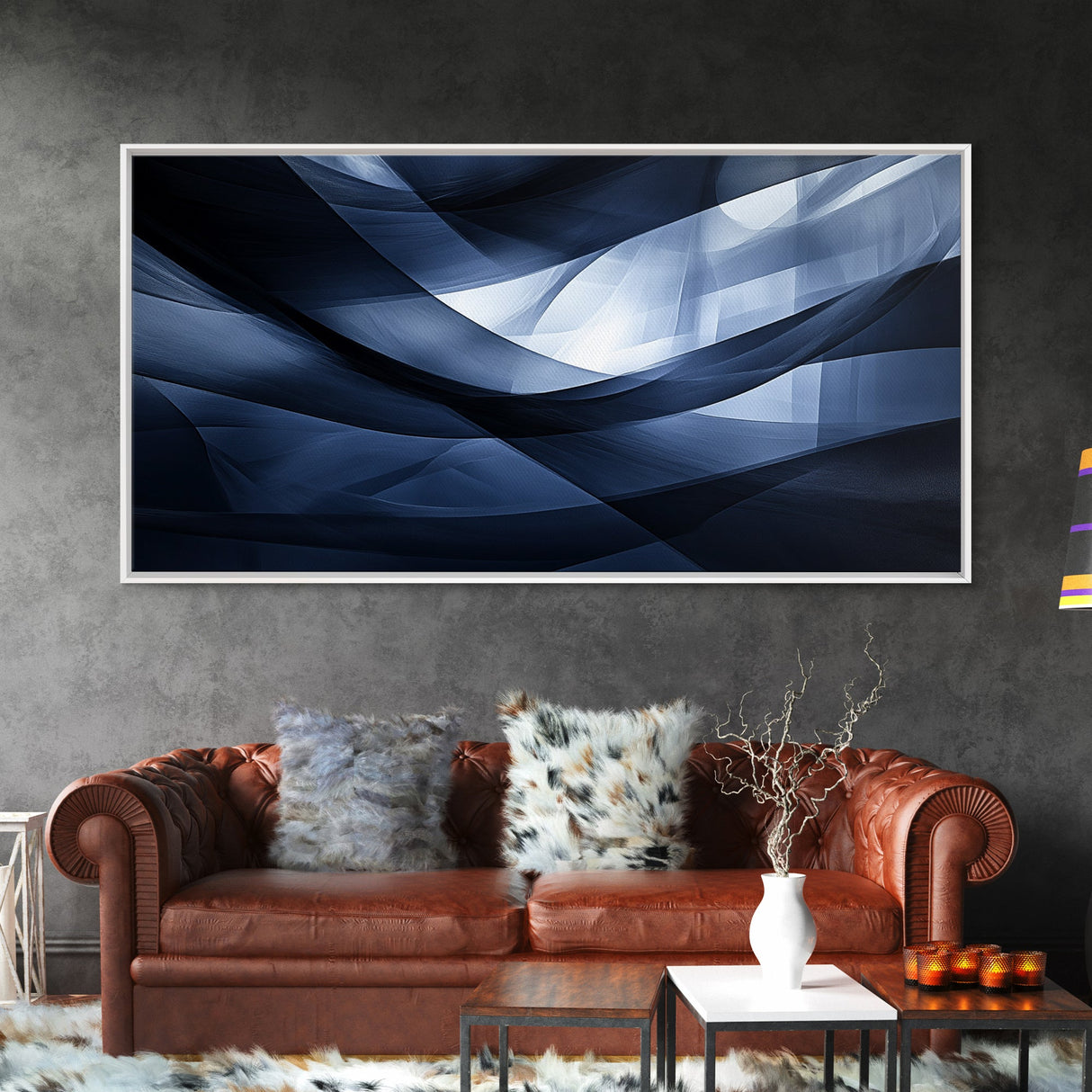 Flowing Blue Abstract Framed Canvas Print, Minimalist Geometric Wall Art Above Sofa Decor, Moody Panoramic Artwork Gift Living Room