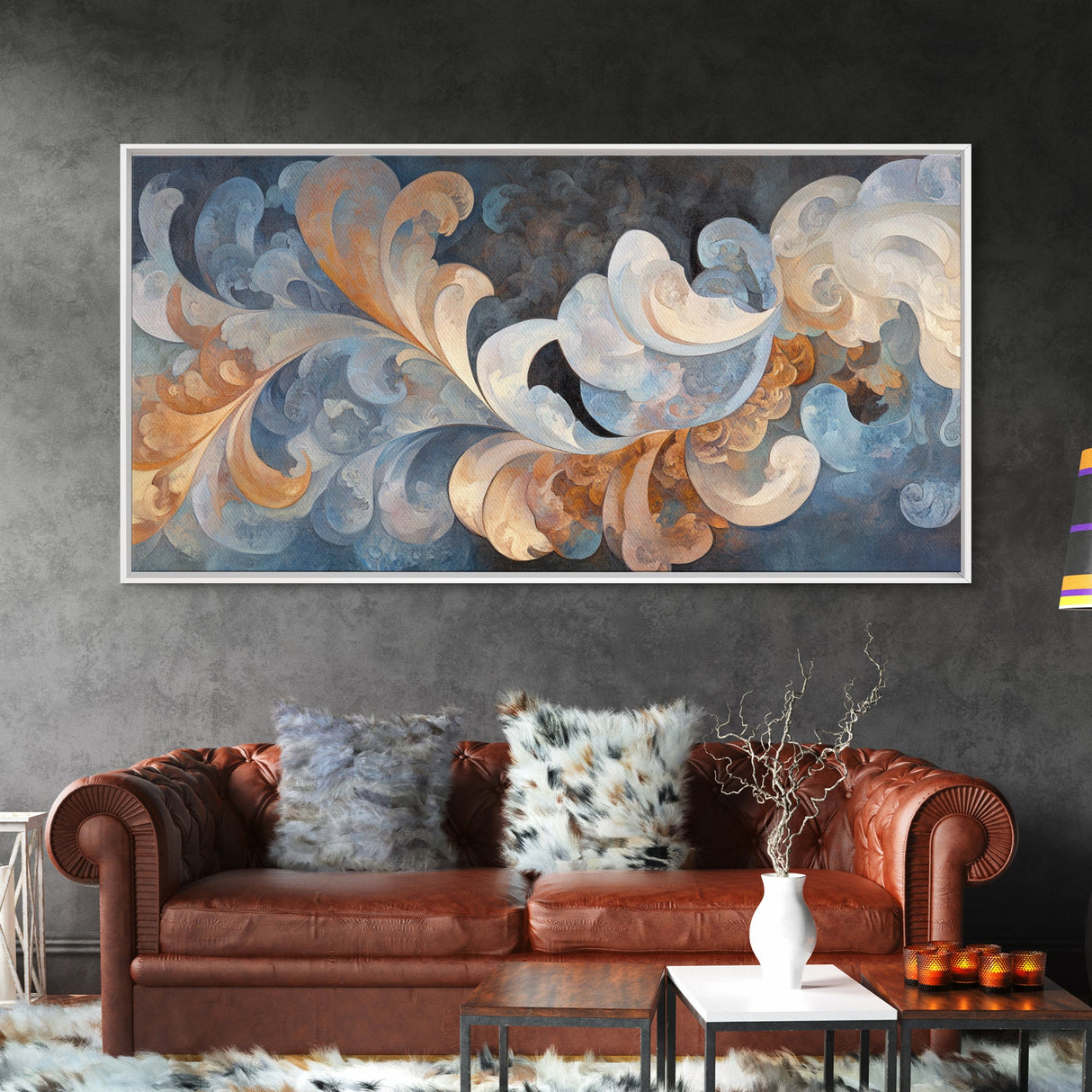 Swirling Blue Orange Canvas Print, Geometric Wall Art Nautical Rustic Decor, Moody Abstract Artwork Idea Horizontal Living Room Design