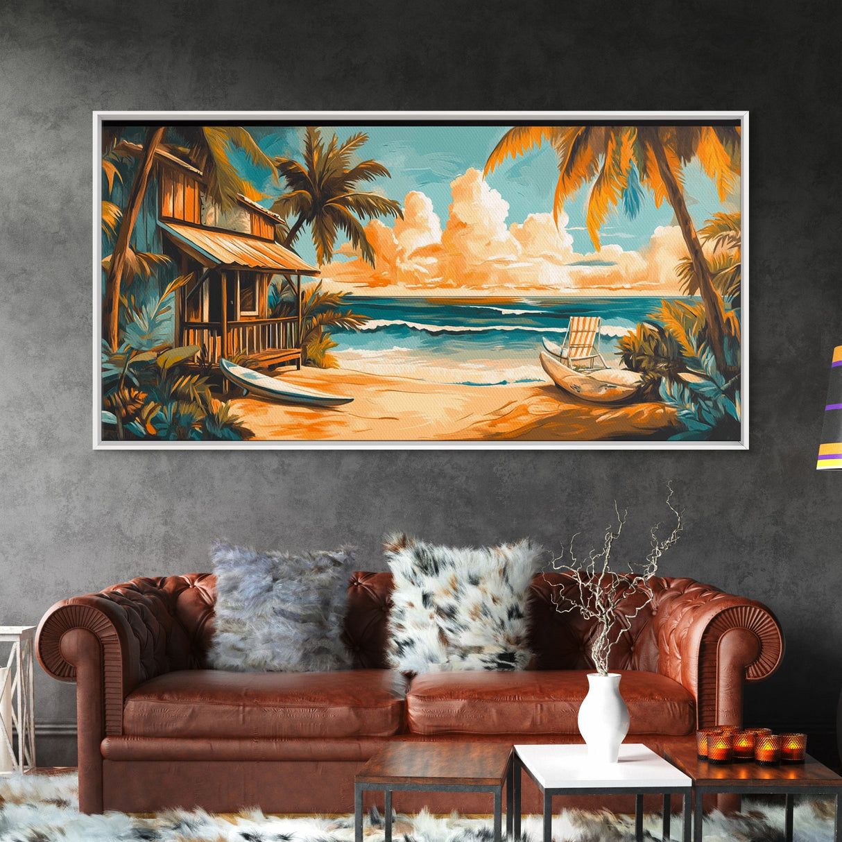 Sunset Surf Shack Canvas Print Nautical Wall Art Coastal Painting Rustic Decor Tropical Landscape Art Extra Wide Art Bedroom Art