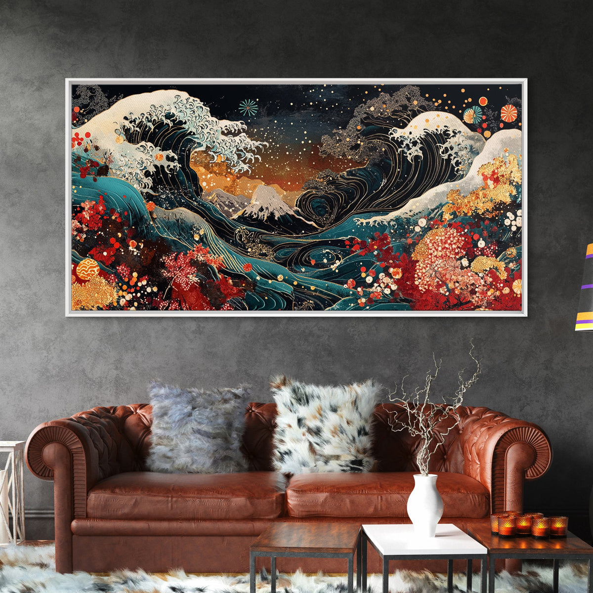 Ocean Waves Framed Canvas Print, Japanese Inspired Coastal Wall Art, Nautical Decor, Coastal Landscape Art, Extra Wide Panoramic Art