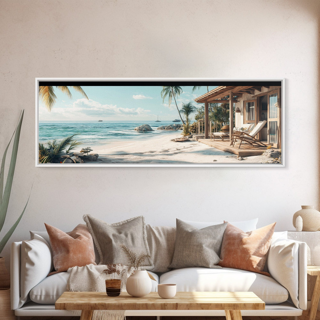 Tropical Beach Framed Canvas Print Coastal Landscape Art Nautical Decor Relaxing Living Room Wall Art Panoramic Seascape Painting