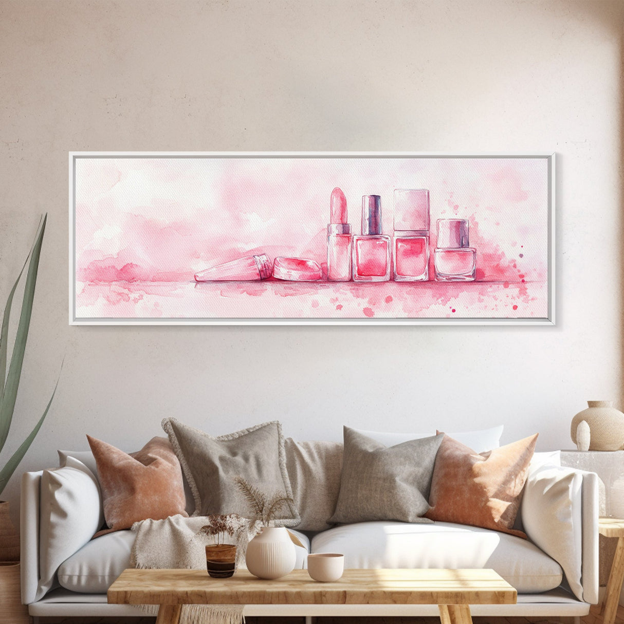 Makeup Art Canvas Print Featuring Lipstick and Nail Polish, Pink Abstract Wall Art for Bedroom or Bathroom Decor, Feminine Gift