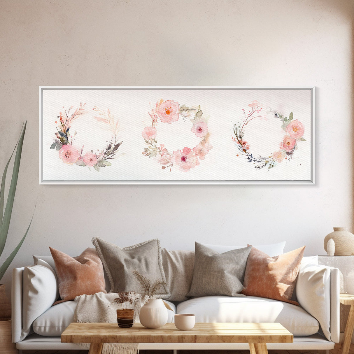 Wildflower Wreath Painting Framed Canvas Print in Pastel Pink and Green, Vertical Rustic Farmhouse Artwork, Botanical Gift Idea