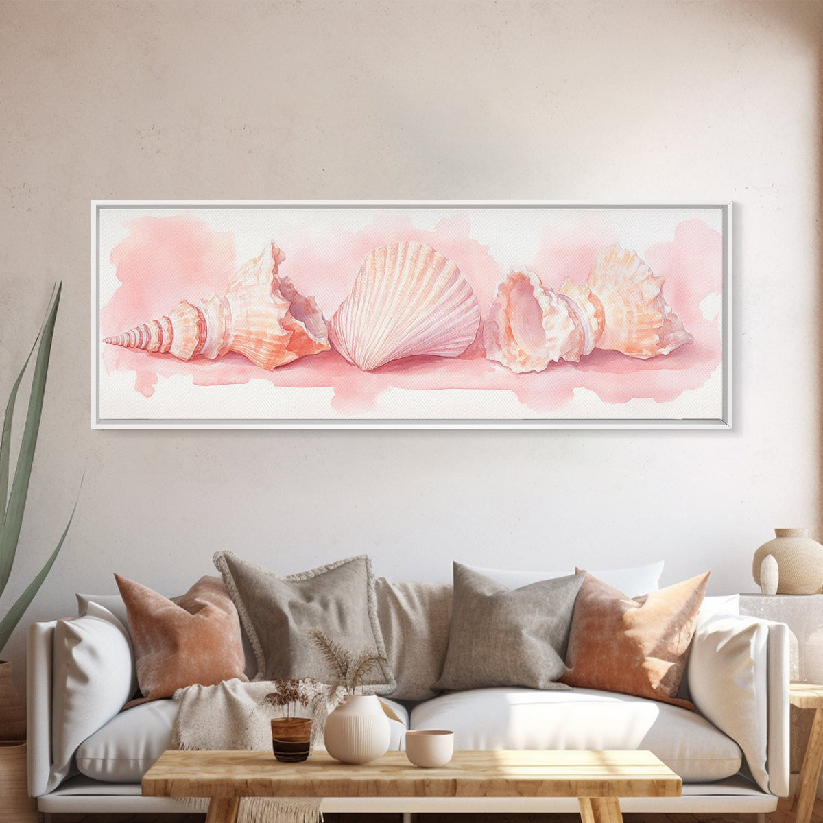 Shell Painting Framed Canvas Print Featuring Coastal Shells in Pastel Pink, Nautical Decor Idea, Horizontal Coastal Artwork