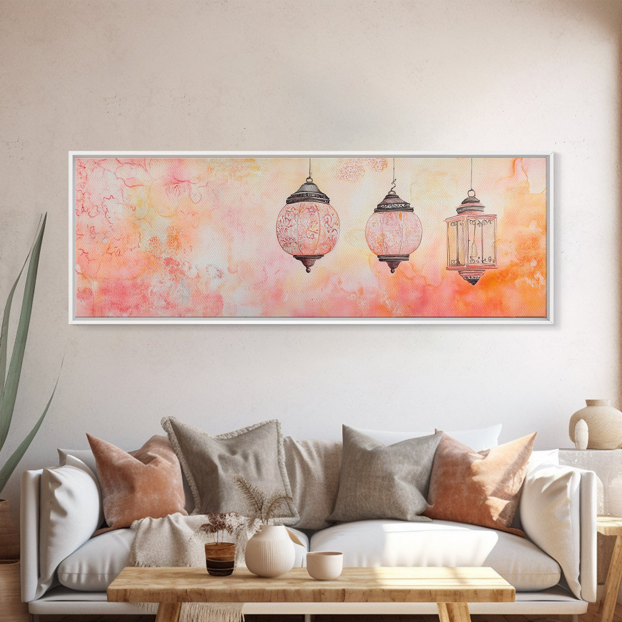 Moroccan Lanterns Canvas Print Pink Orange Wall Art Boho Decor Rustic Living Room Artwork Horizontal Farmhouse Style Gift Idea