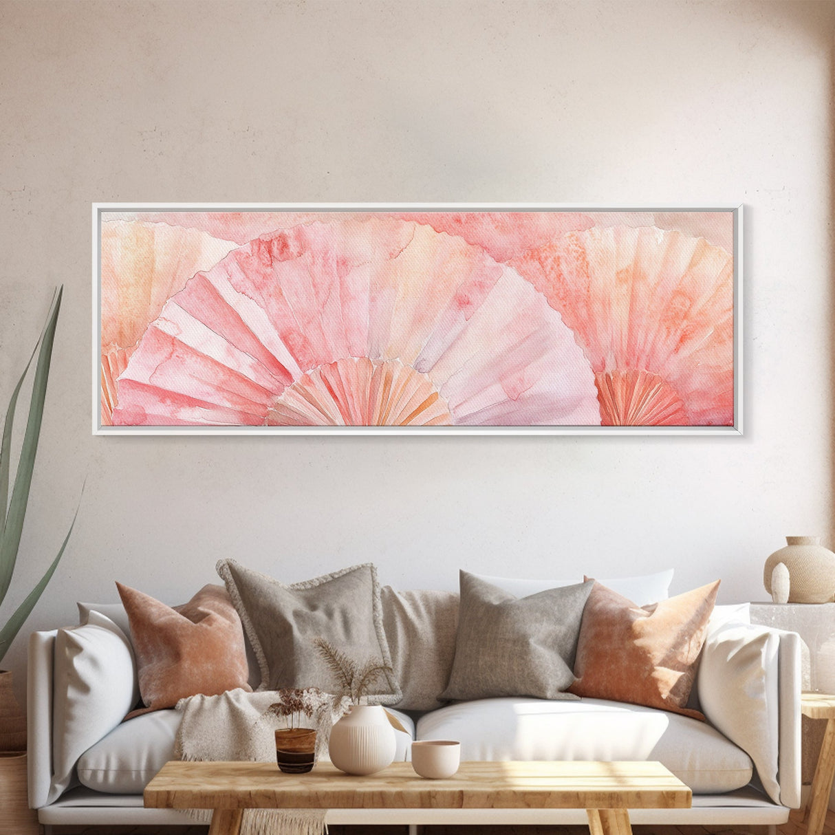 Framed Canvas Print Light Pink Abstract Fan Art Coastal Cowgirl Wall Art Minimalist Rustic Decor Living Room Art Horizontal Painting