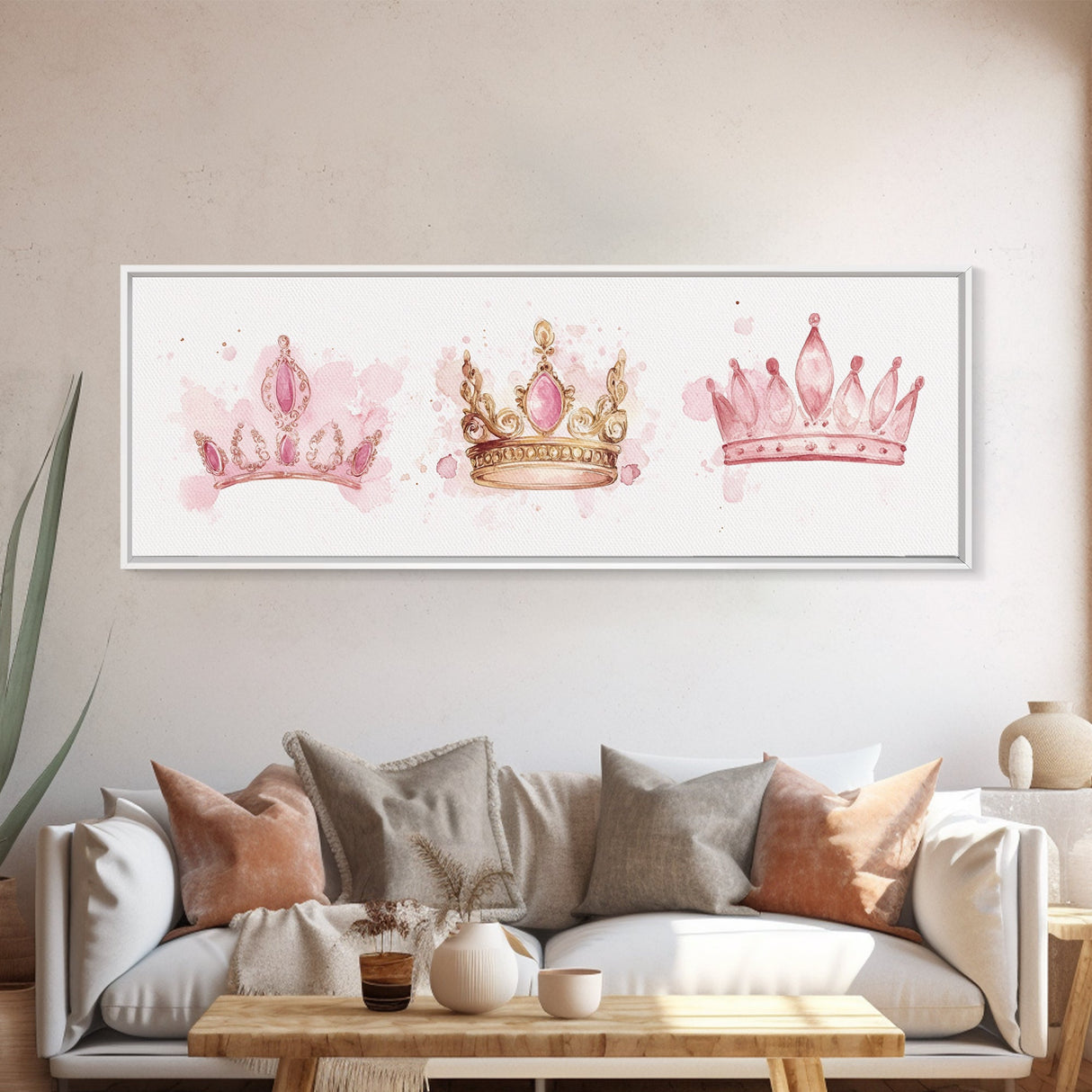 Framed Canvas Print of Elegant Crowns in Pink and Gold Perfect Gift Idea or Dorm Room Light Pink Wall Art with Royal Aesthetic