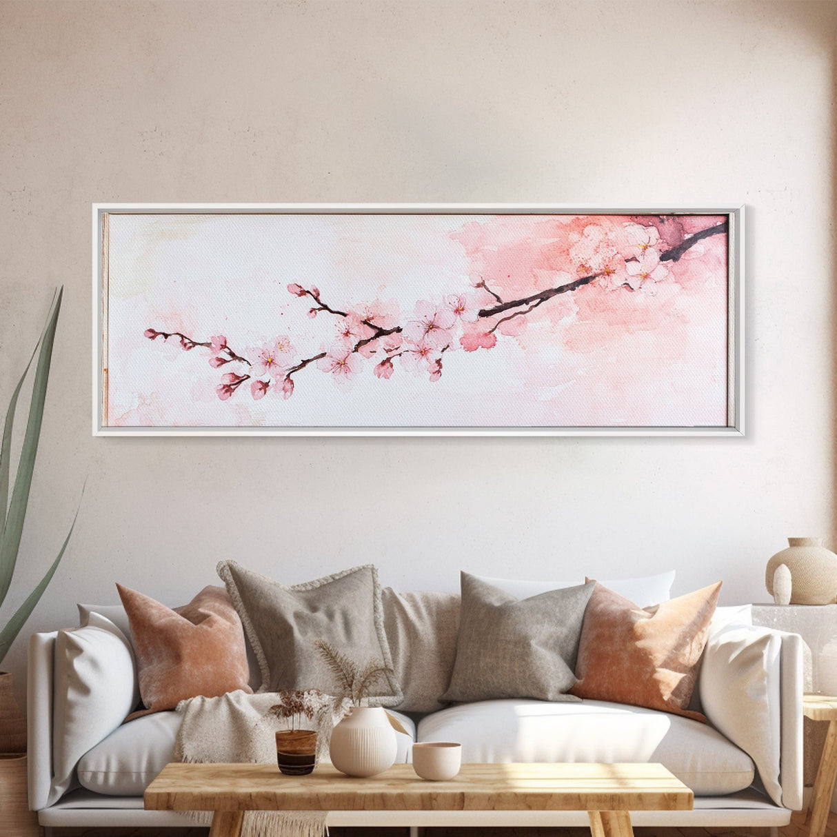 Cherry Blossom Framed Canvas Print, Japanese Sakura Wall Art, Light Pink Decor, Minimalist Botanical Artwork, Bedroom or Living Room Art