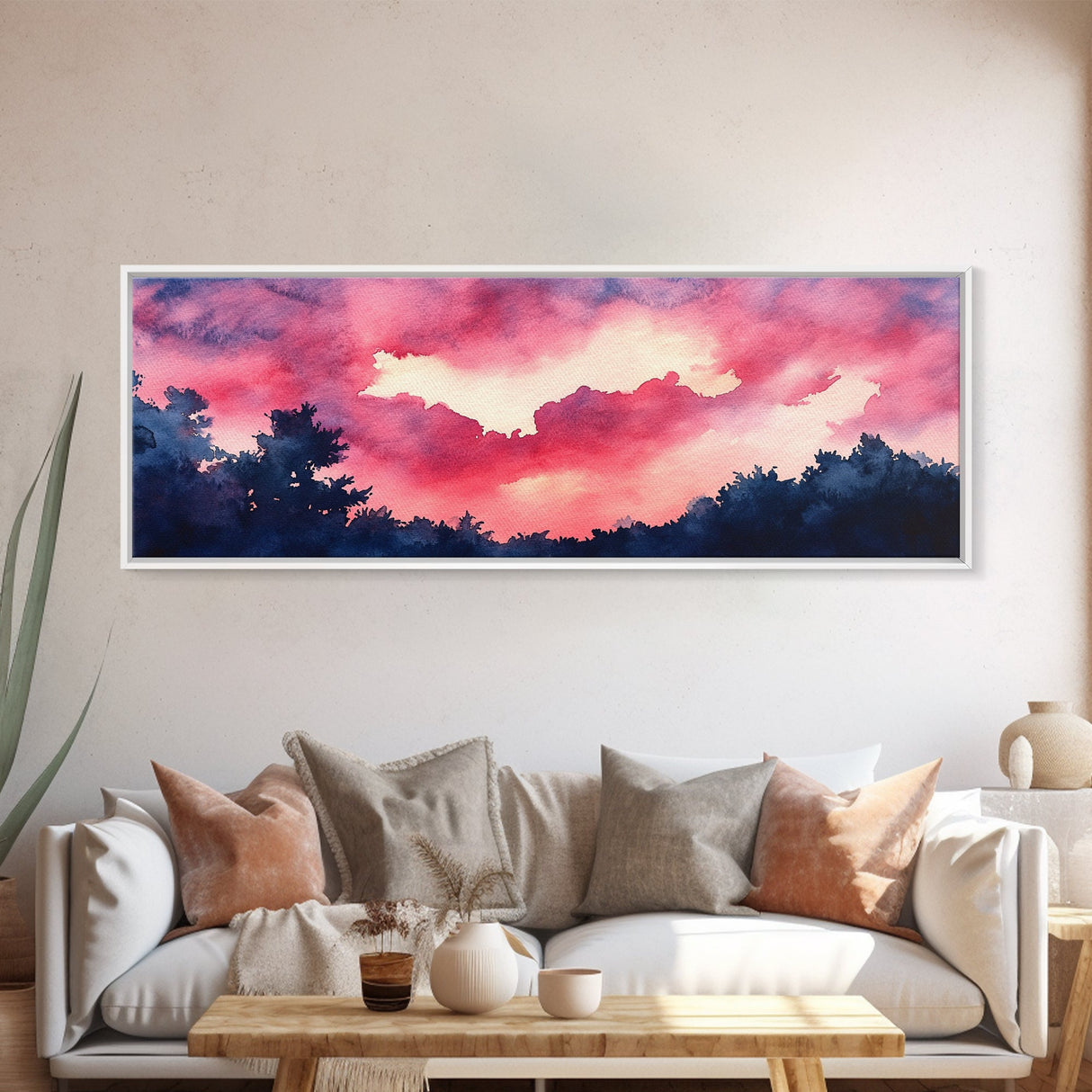 Forest Sunset Framed Canvas Print, Moody Evening Sky Painting, Smoky Mountain Landscape Art, Living Room or Bedroom Wall Decor