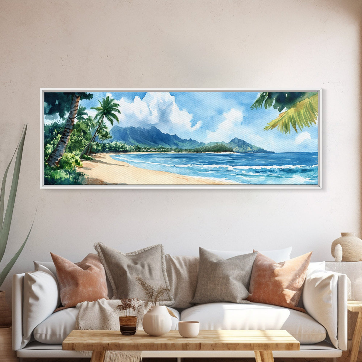 Serene Coastal Landscape Framed Canvas Print - Vibrant Hawaii Art, Nautical Beach Wall Decor, Panoramic Ocean Painting, Living Room Art