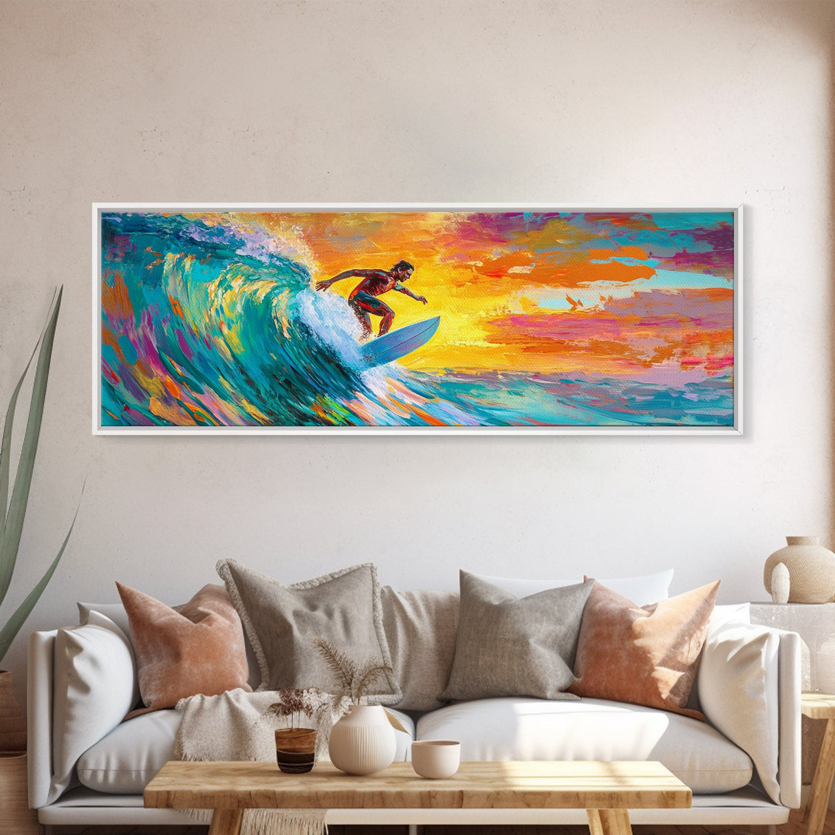 Surfer Riding Wave Canvas Print, Surf Wall Art, Coastal Decor, Nautical Painting, Colorful Art, Living Room Art, Gift Idea, Rustic Wall Art