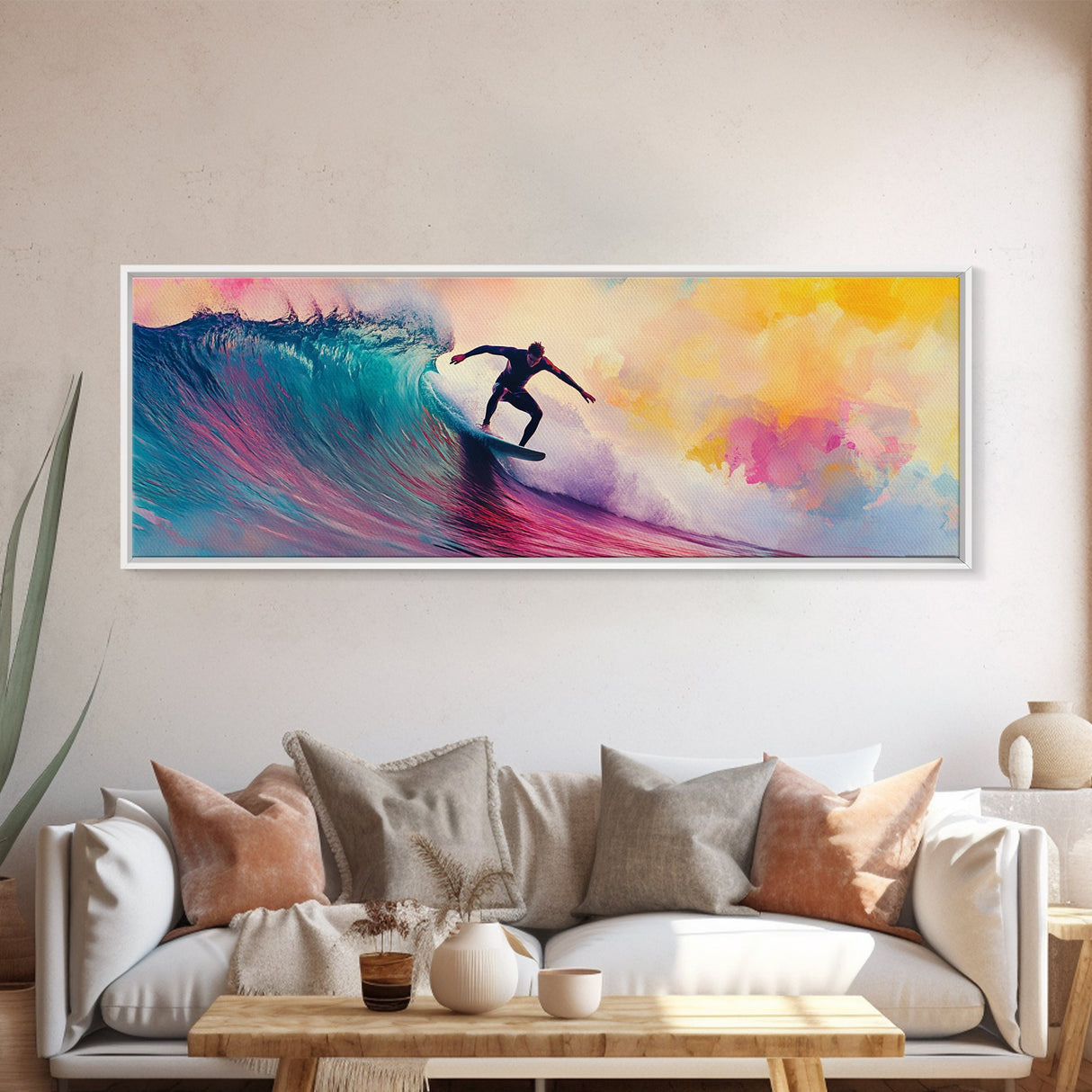 Framed Canvas Print of Vibrant Surf Wall Art with Pink Orange Waves, Coastal Decor, Nautical Painting, Gift Idea, Above Sofa Art