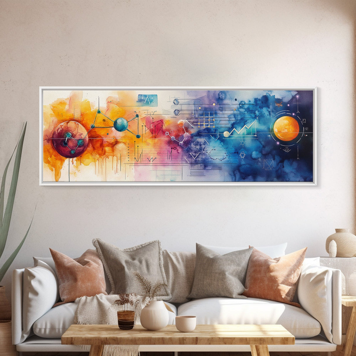 Framed Canvas Print of Cosmic Science Art with Space Diagrams, Therapy Art, Sacred Geometry Wall Art, Horizontal Living Room Art