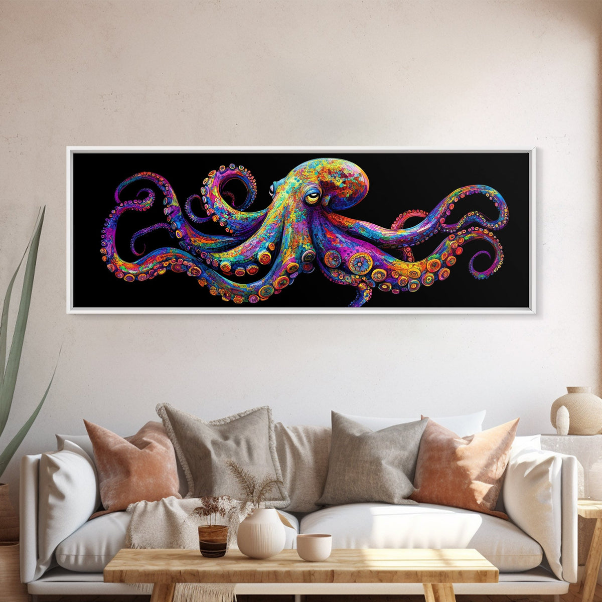 Vibrant Octopus Art Canvas Print Coastal Decor Nautical Wall Art Gift Idea Underwater Ocean Life Abstract Extra Wide Horizontal