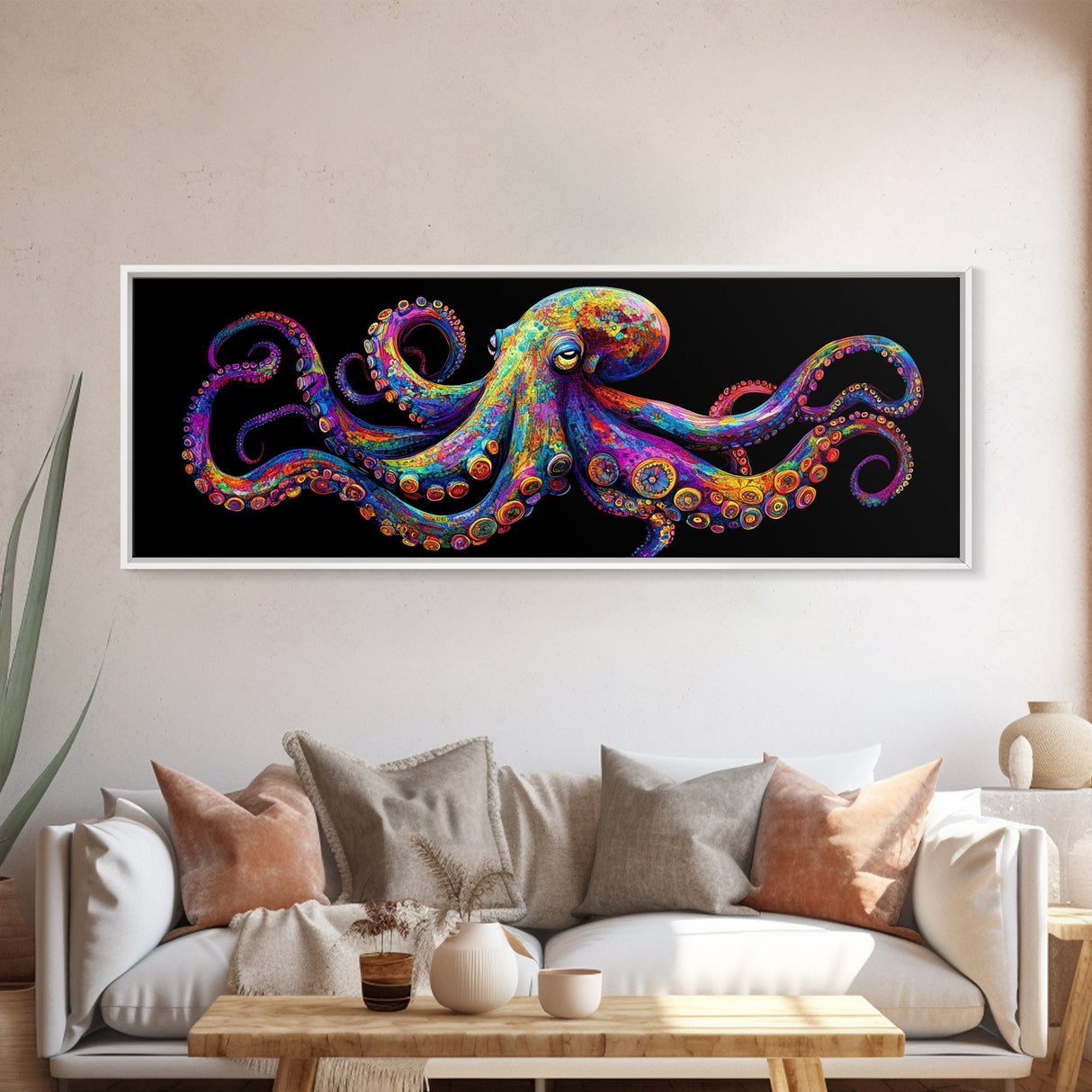 Vibrant Octopus Art Canvas Print Coastal Decor Nautical Wall Art Gift Idea Underwater Ocean Life Abstract Extra Wide Horizontal