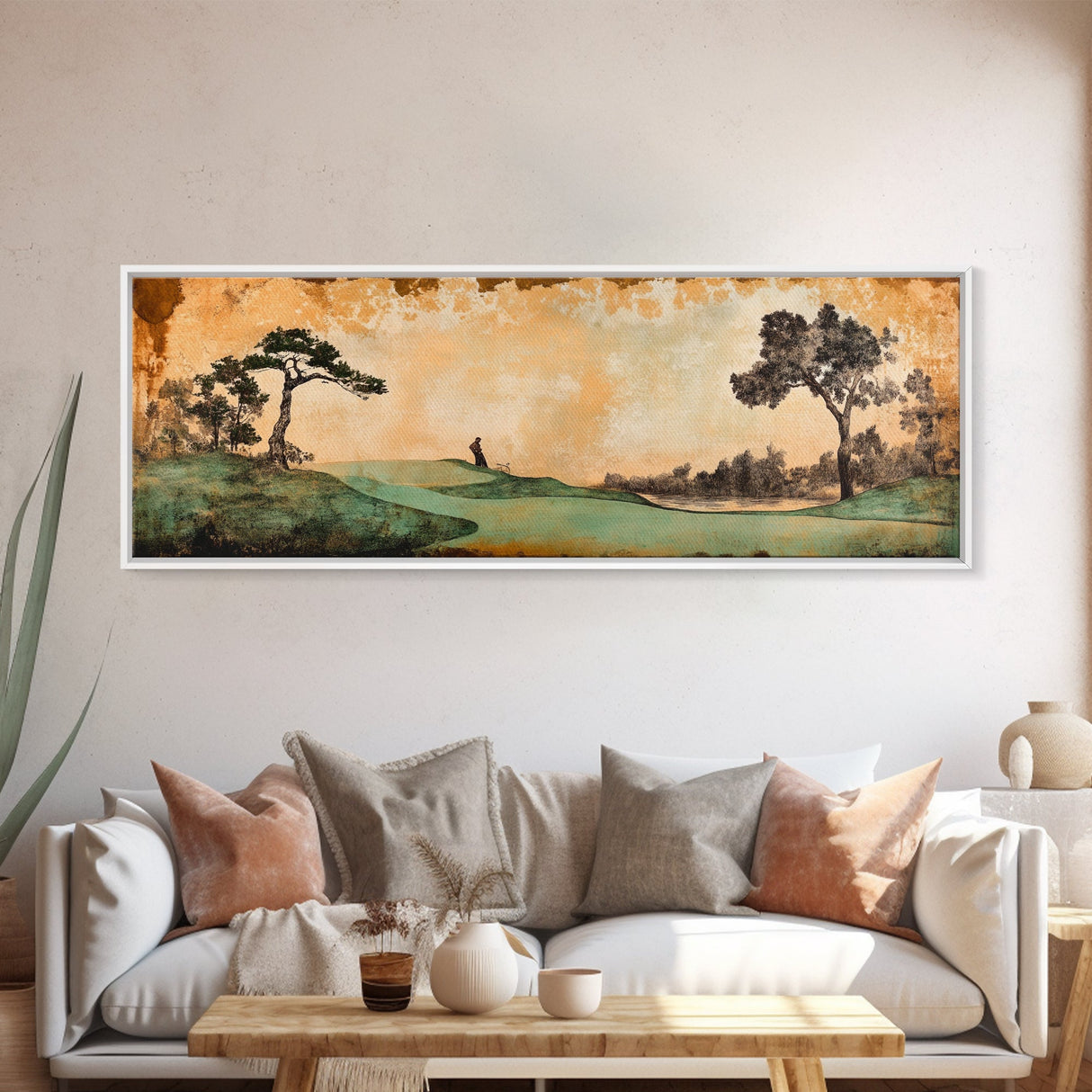 Japanese-Inspired Golf Scene Framed Canvas Print – Rustic Decor, Golf Art, Panoramic Art, Horizontal Wall Art, Gift Idea For Him