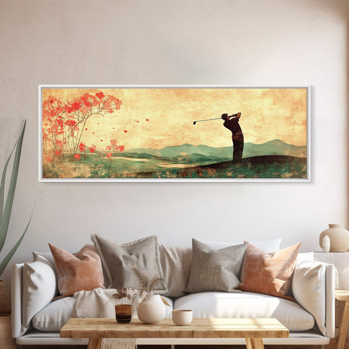 Golf Swing Elegance Framed Canvas Print – Rustic Decor, Golf Art, Panoramic Painting, Horizontal Wall Art, Gift Idea For Him