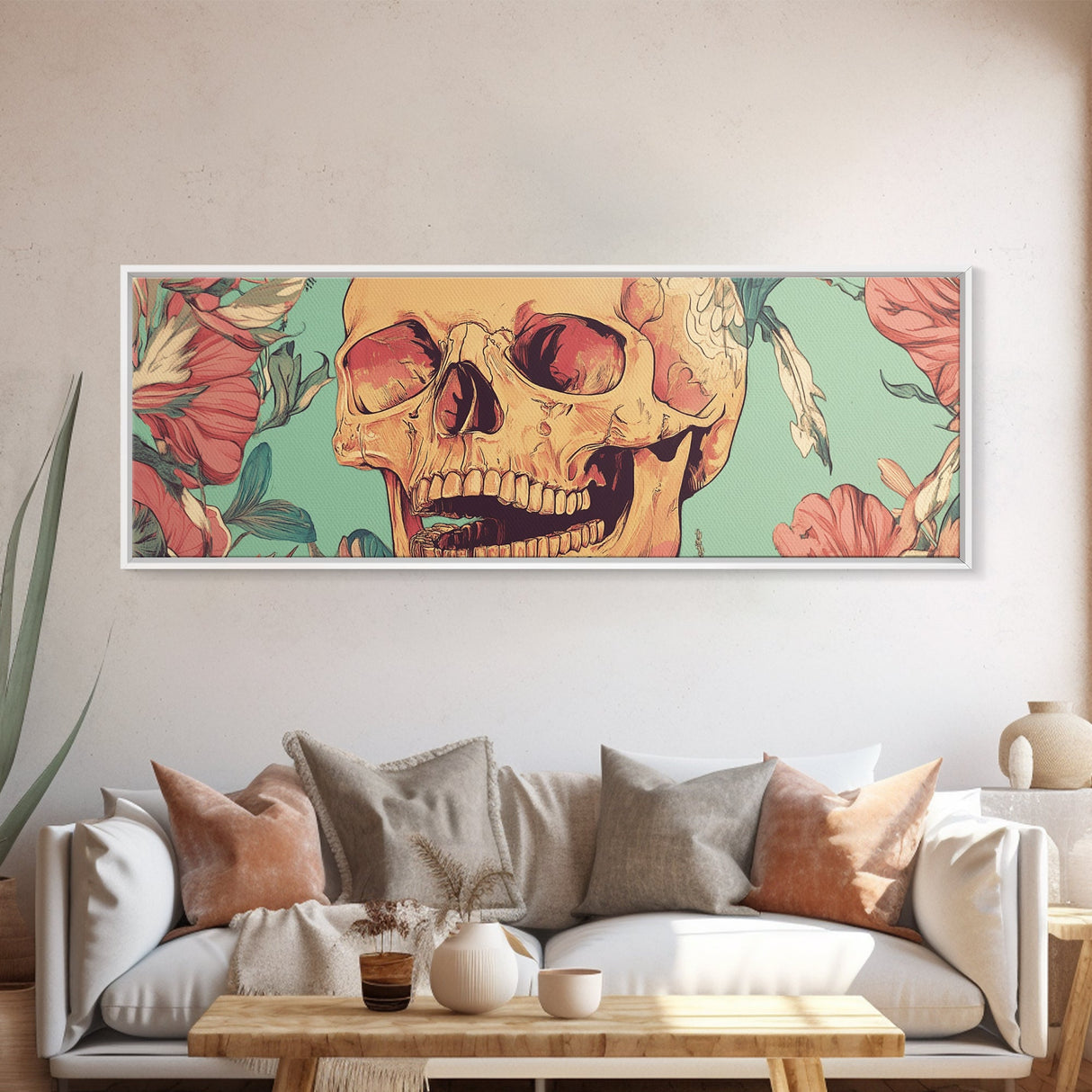Skull Art with Wildflower Motif Framed Canvas Print, Botanical and Whimsical Wall Art Gift Idea, Rustic and Moody Decor Living Room Art