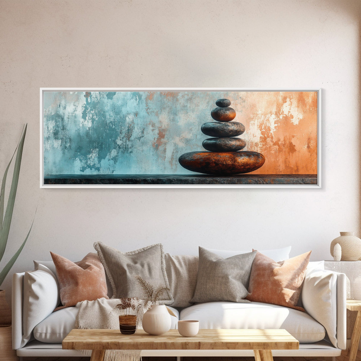 Textured Zen Framed Canvas Print Sand Patterns Stacked Stones Modern Wabi Sabi Minimalist Decor Bedroom Art Idea