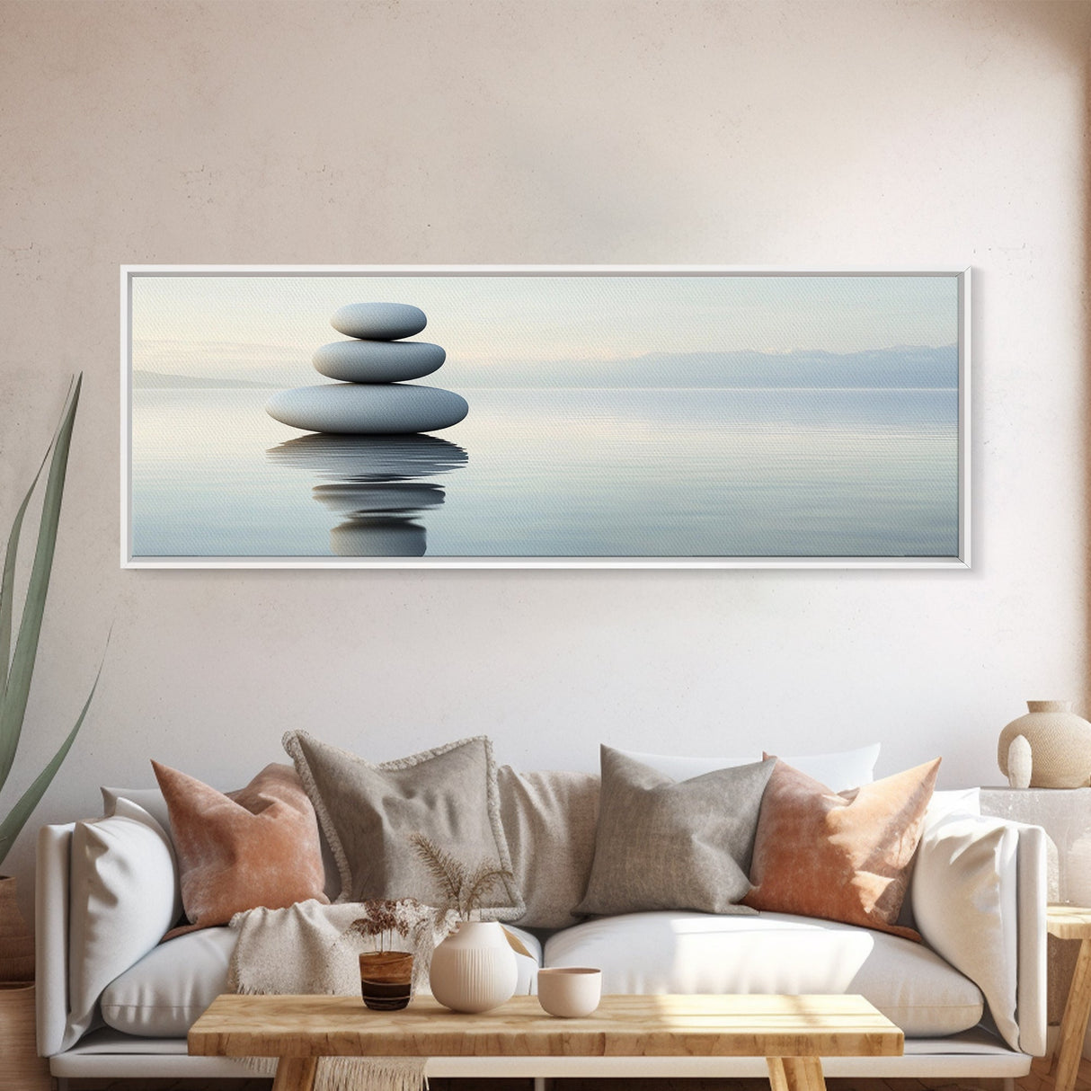 Zen Inspired Framed Canvas Print Minimalist Art Stacked Stones Calming Wabi Sabi Style Living Room Decor Neutral Wall Art