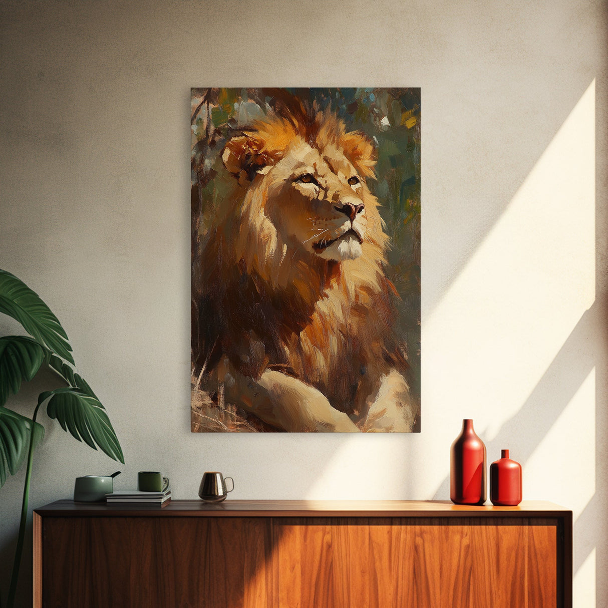 Regal Lion Oil Painting Framed Canvas Print – Rustic Decor Wall Art, African Lion Wildlife, Above Couch Art, Bold Statement Piece