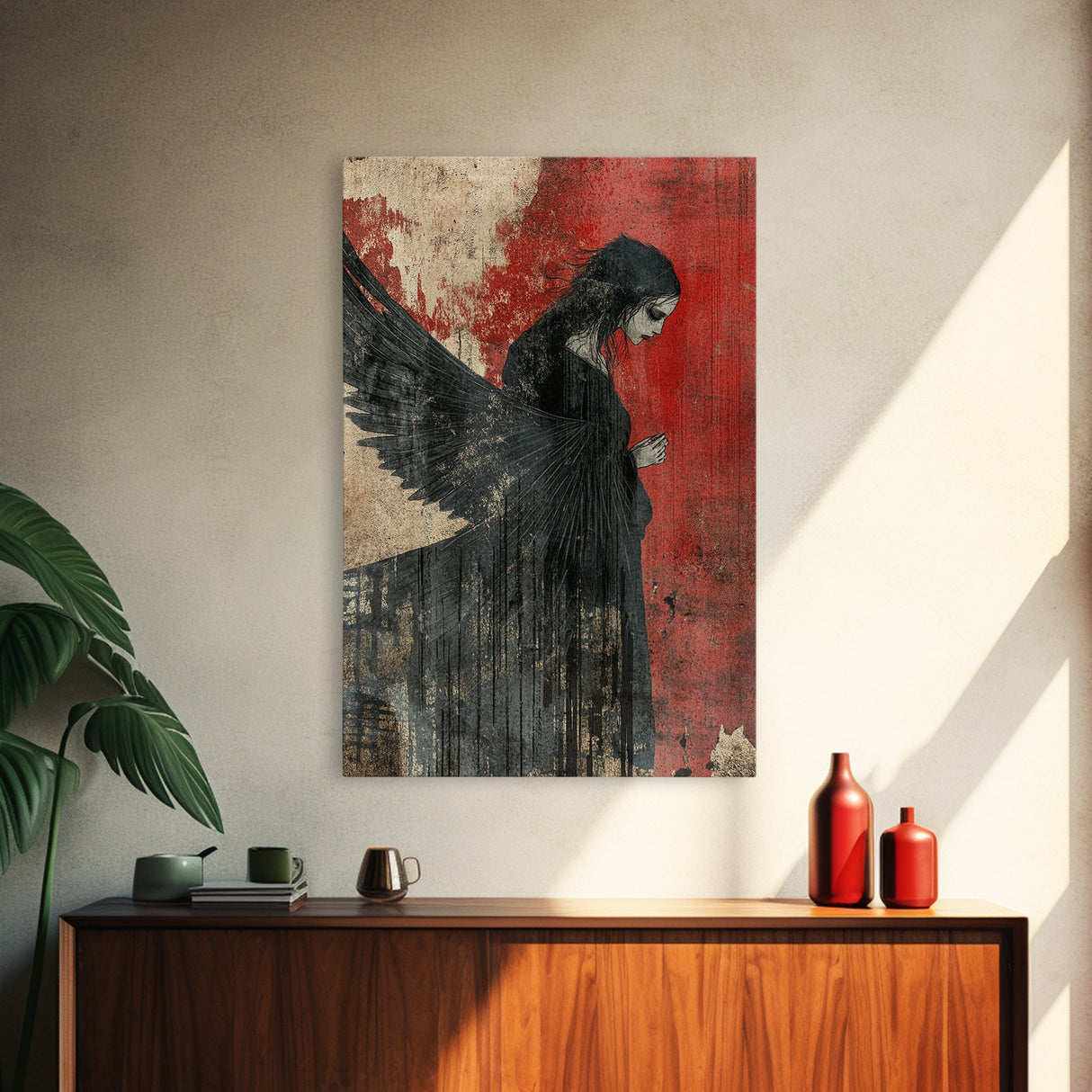 Gothic Angel Red Background Canvas Print Dark Angels Wall Art Moody Gothic Artwork Abstract Art Print Rustic Decor Gift Idea