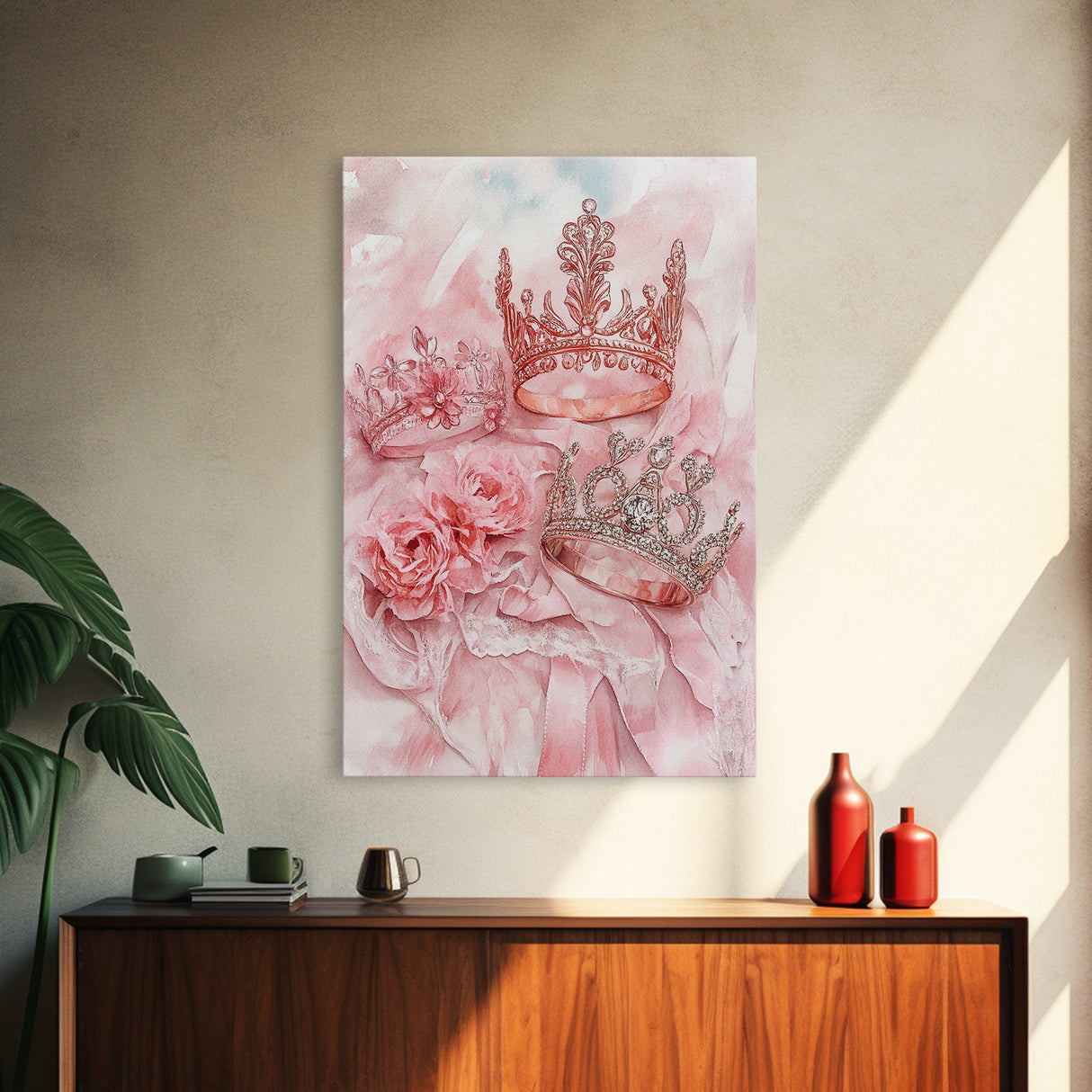Elegant watercolor crowns and roses painting, framed canvas print, rose painting, goddess art print, chic pink wall art for living room