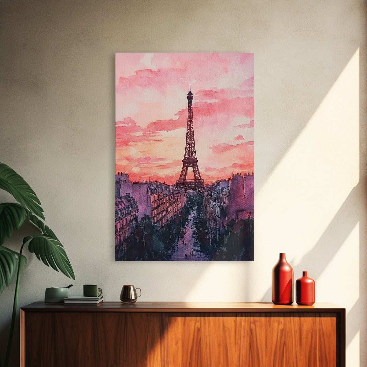 Eiffel Tower Sunset Framed Canvas Print Paris Landscape Painting French Cityscape Wall Art Bedroom Decor Romantic Gift Pink Orange Art