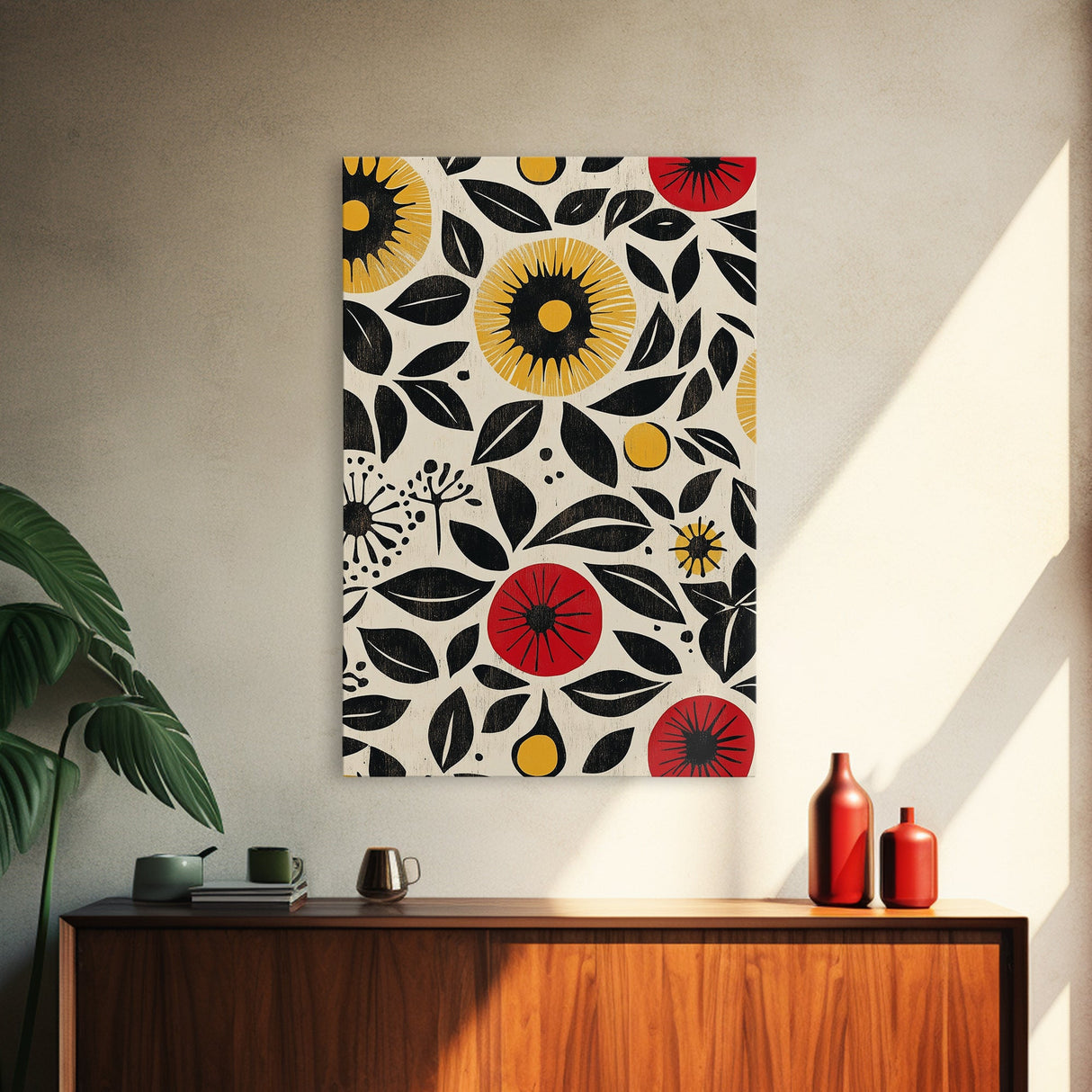 Modern Botanical Framed Canvas Print, Wildflower Pattern Wall Art, Vibrant Floral Art, Living Room Decor, Extra Wide Rustic Decor