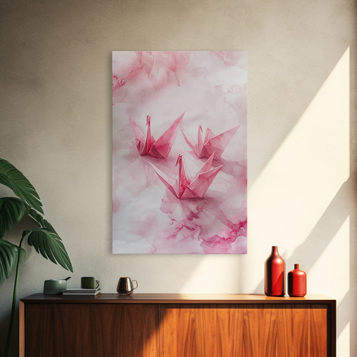 Origami Cranes Canvas Print, Pink Paper Bird Art, Minimalist Zen Decor, Whimsical Artwork Bedroom Wall Art, Japanese-Inspired Gift