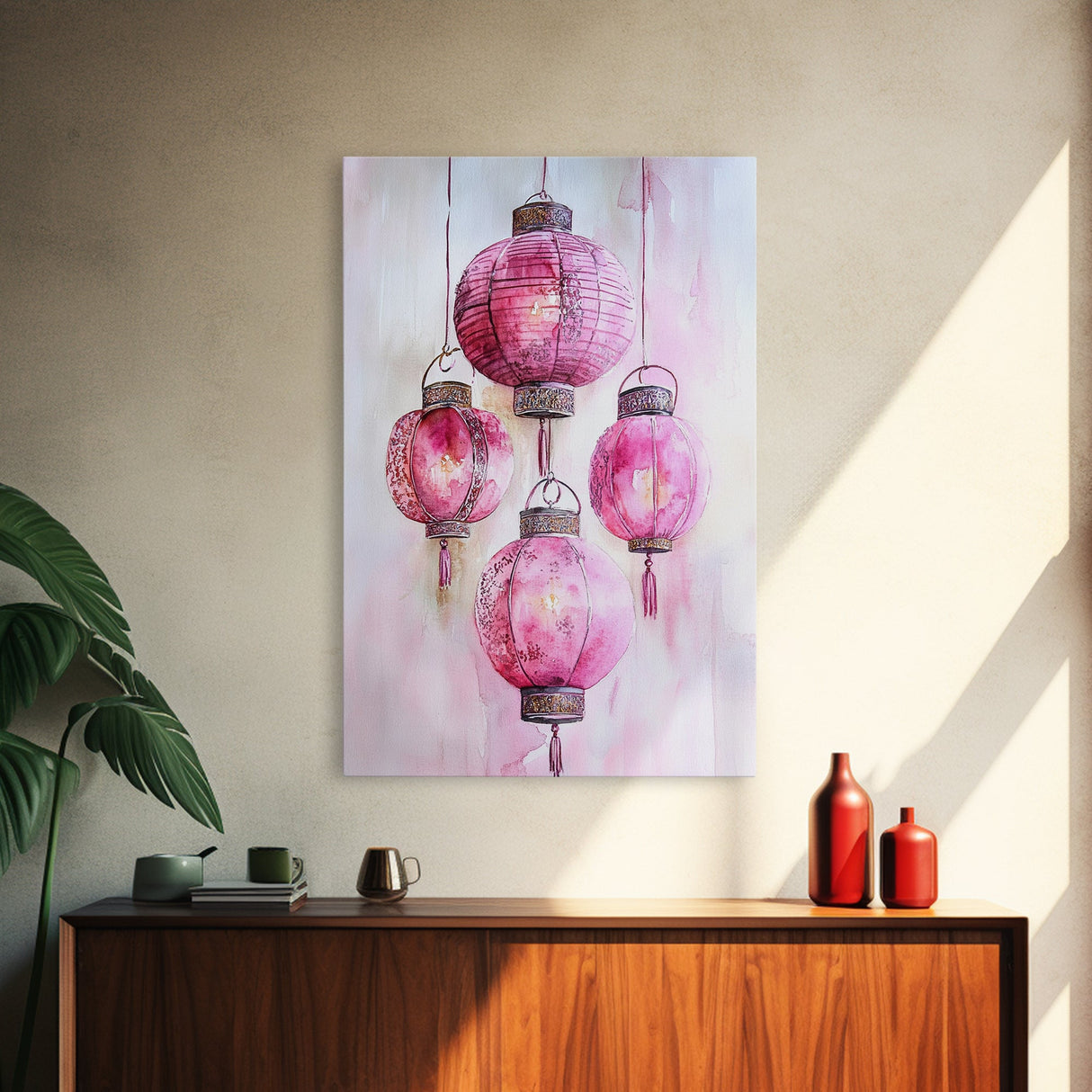 Pink Lanterns Framed Canvas Print, Chinoiserie Wall Art, Cozy Living Room Decor, Boho Aesthetic, Vertical Oriental Light Pink Wall Art