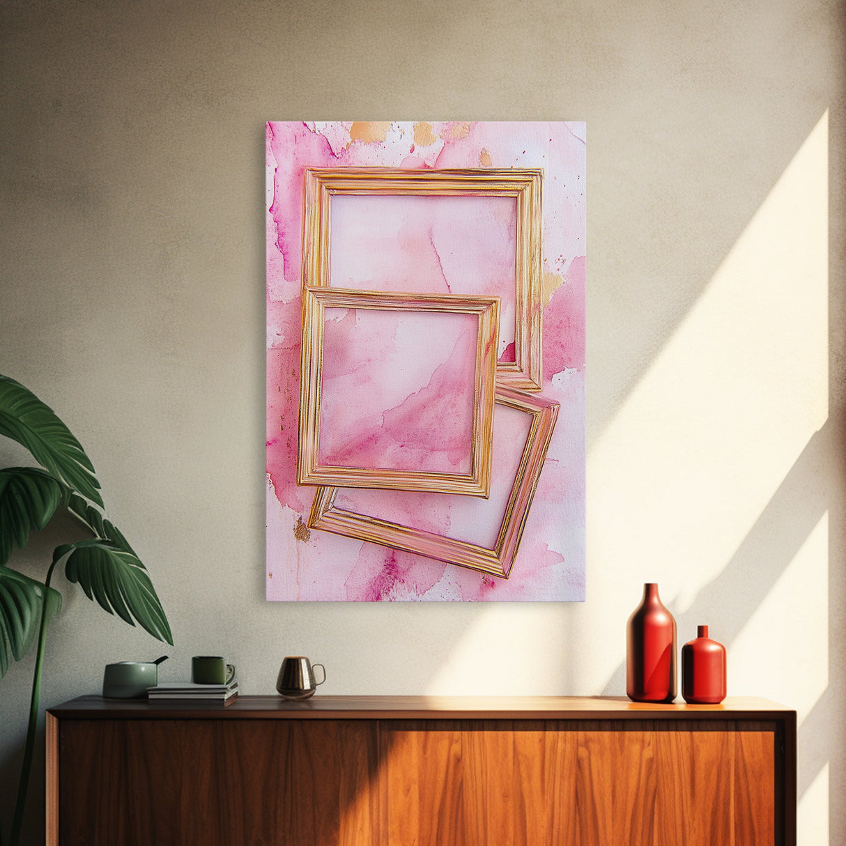 Golden Frames on Pink Canvas Print | Abstract Minimalist Wall Art | Rustic Gold Decor | Wabi Sabi Aesthetic | Living Room Accent | Gift Idea