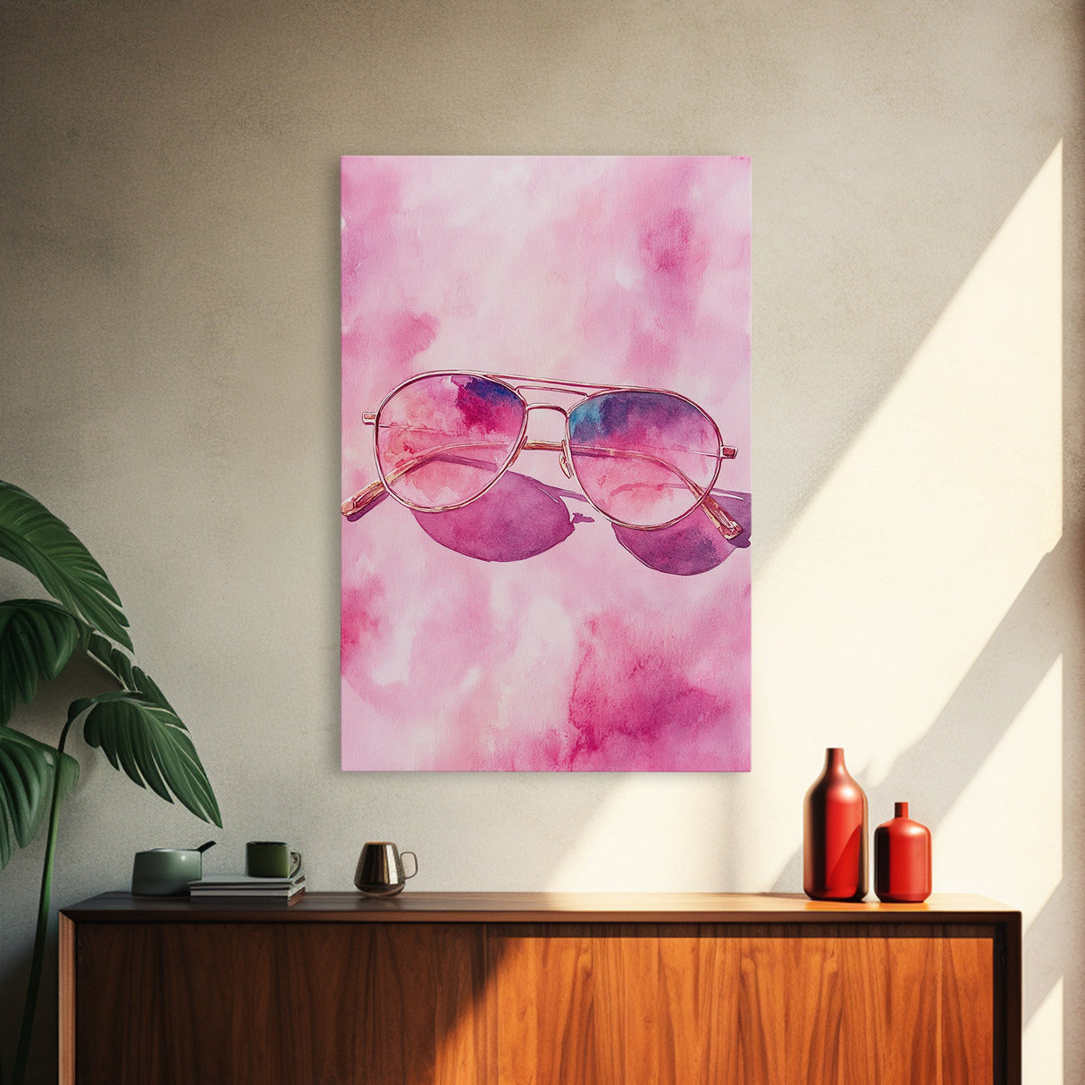 Stylish pink sunglasses painting featuring framed canvas print, pink wall art, boho art, above sofa art, modern living room decor