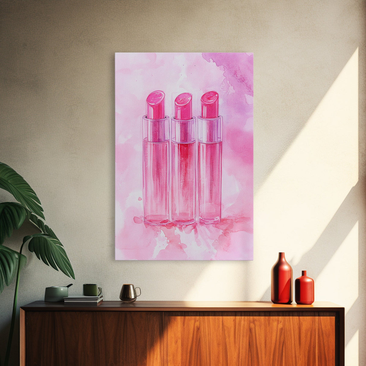 Light Pink Lipstick Trio Canvas Print, Whimsical Art, Makeup Wall Art, Pink Abstract Art, Feminine Decor, Bedroom Art, Gift Idea for Her