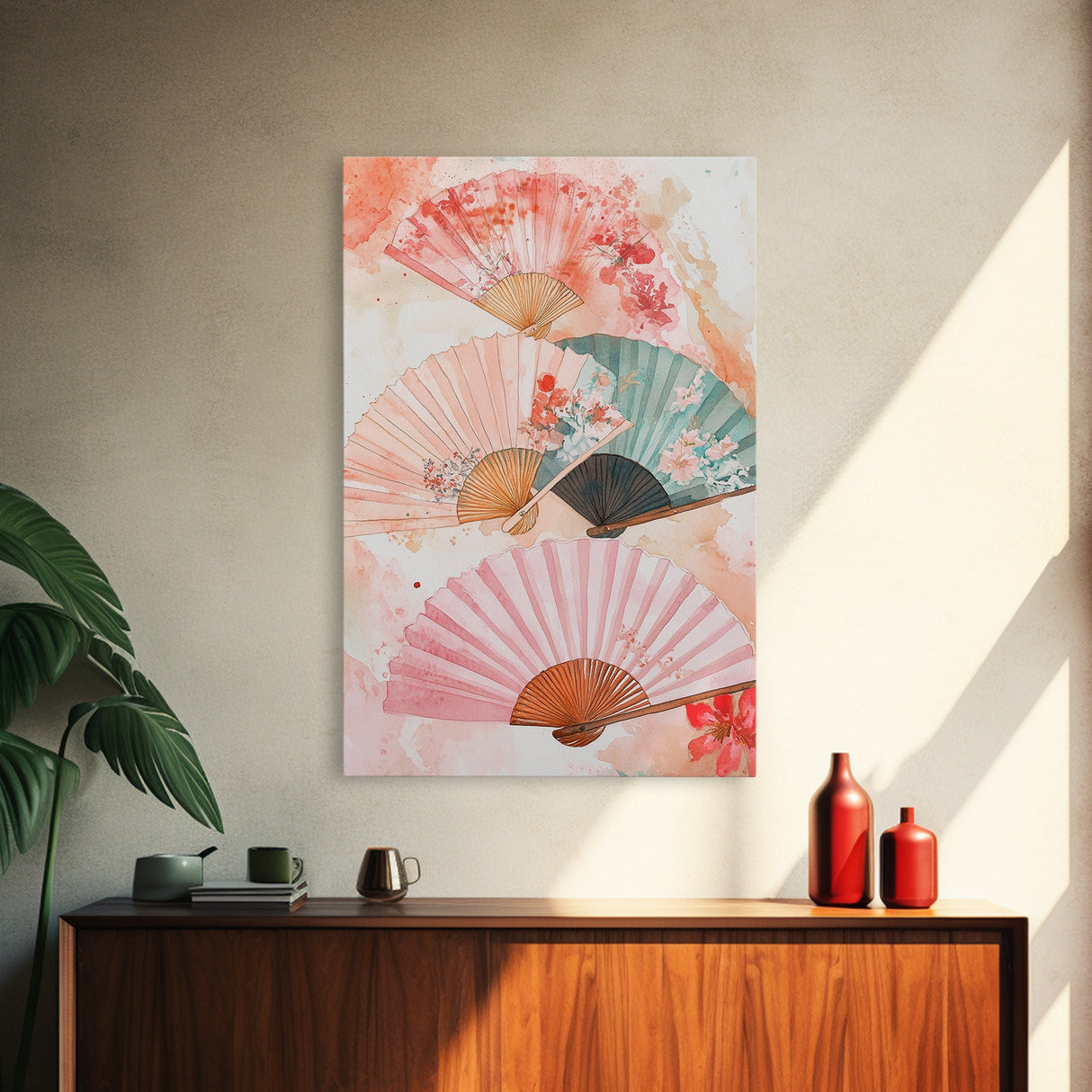 Japanese Fan Art Canvas Print Cherry Blossom Painting Chinoiserie Wall Art Boho Decor Vertical Wall Art Gift Idea Original