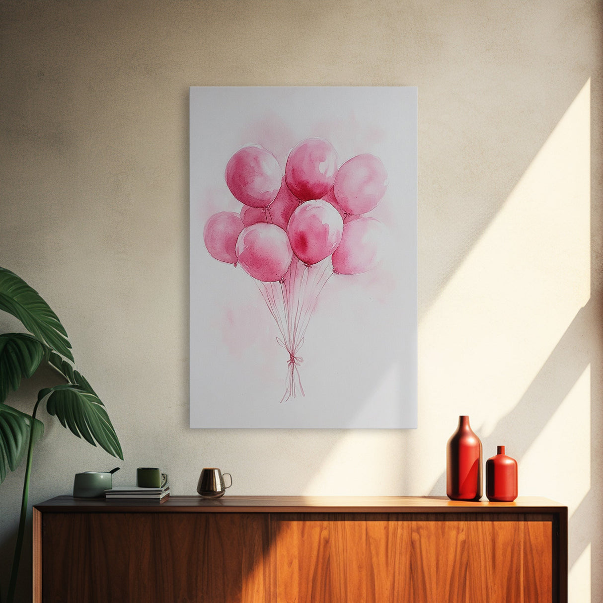 Pink Abstract Balloon Bouquet Framed Canvas Print, Whimsical Party Wall Art Light Pink Decor, Ideal Rustic Bedroom Aesthetic