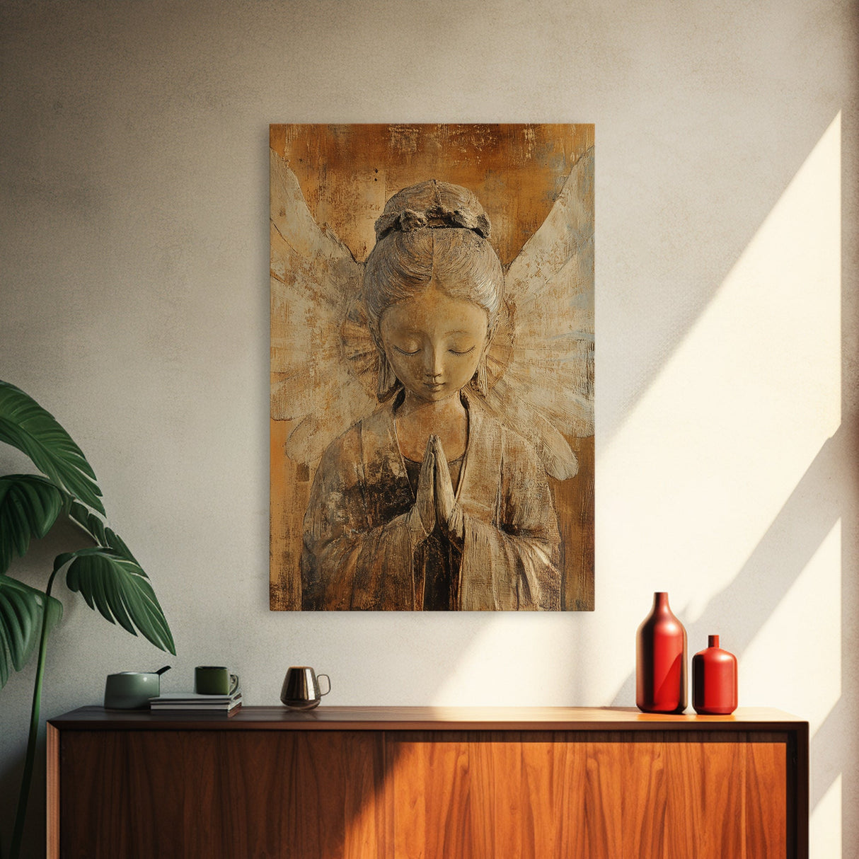 Serene Angel Sculpture Framed Canvas Print Angels Wall Art Rustic Wall Art Therapy Art Sacred Peaceful Art Living Room Décor