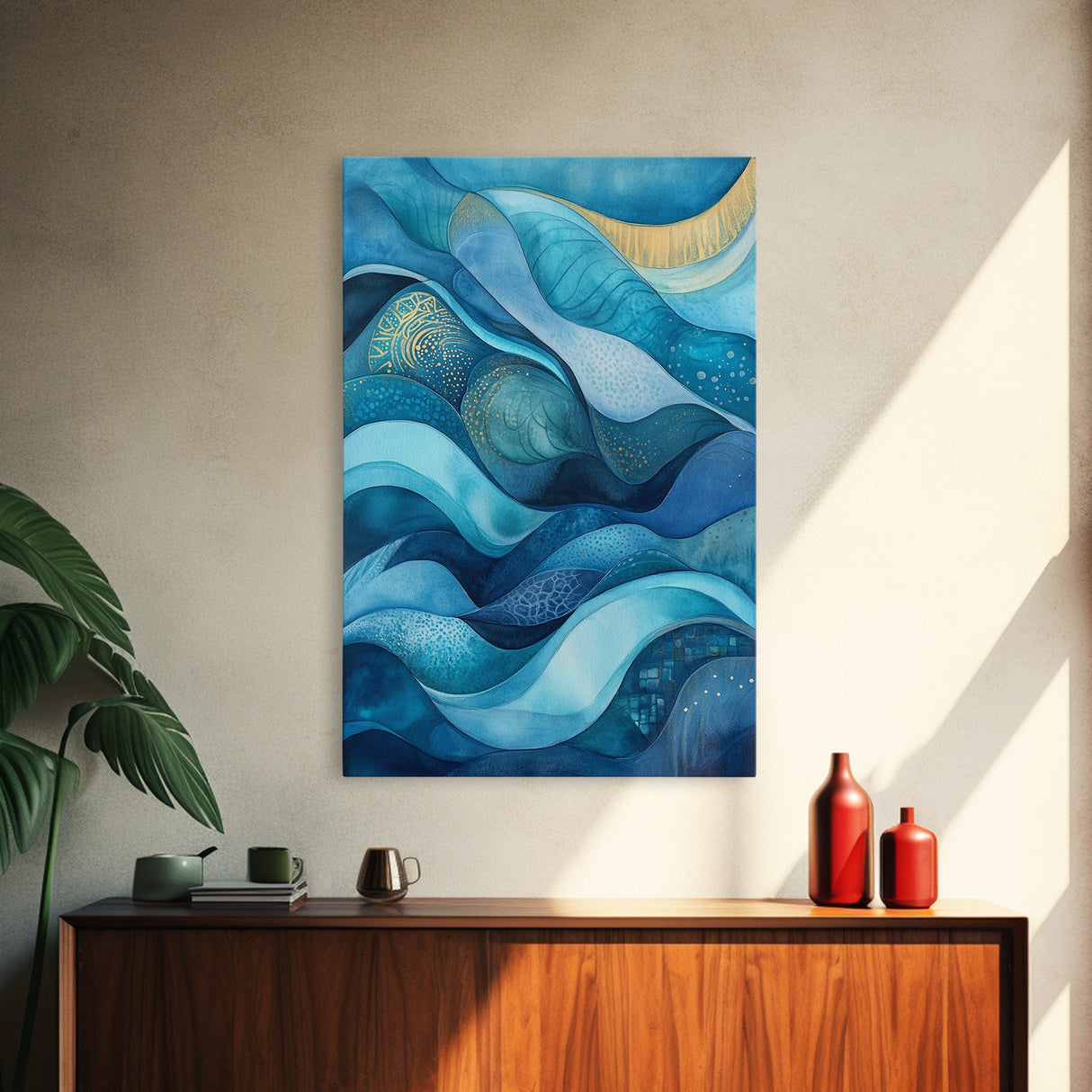 Flowing Blue Waves Canvas Print Modern Coastal Art Abstract Zen Decor Nautical Wall Gift Idea Bedroom Calm Artwork Design